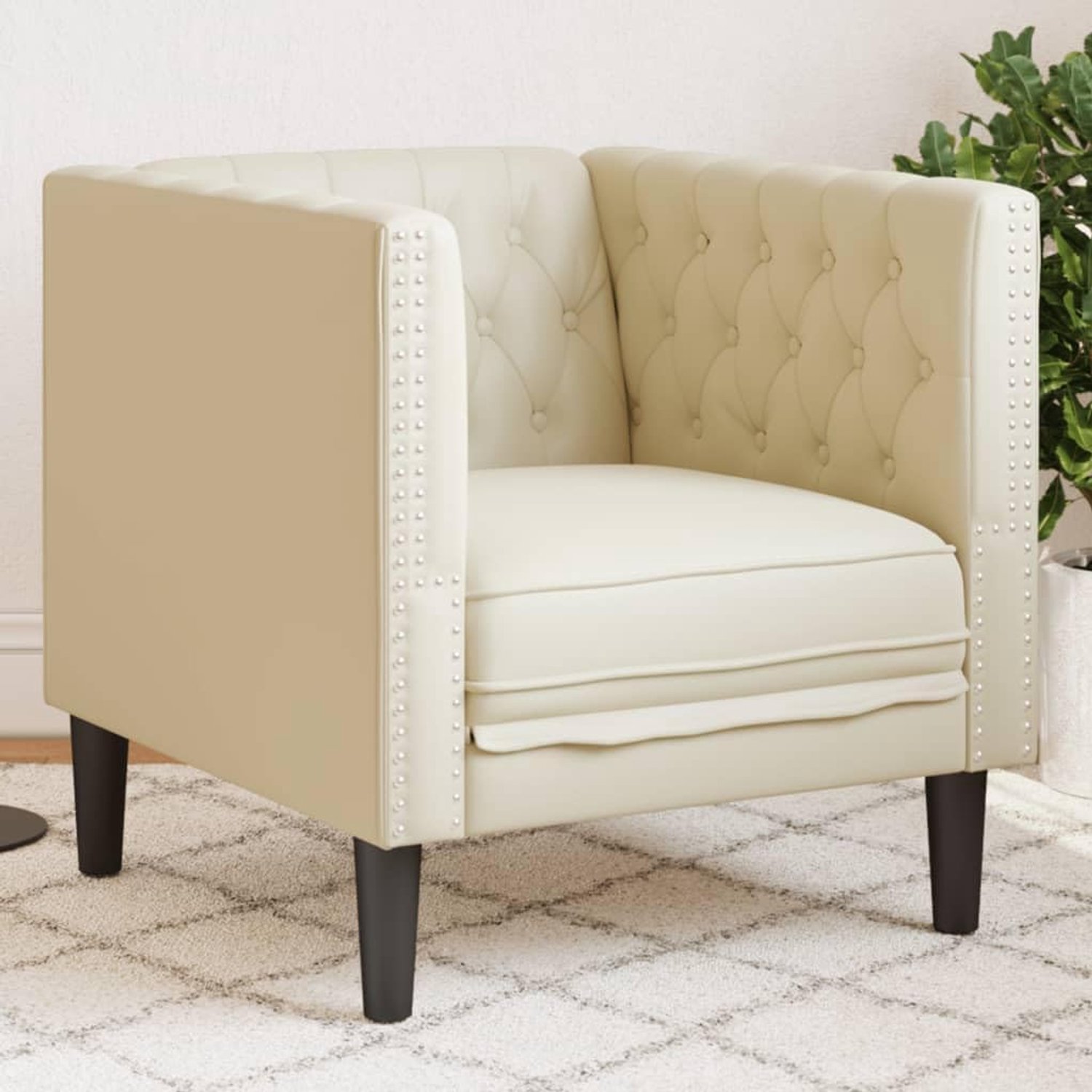 Luxe Chesterfield Fauteuil van Kunstleer - Klassieke Gecapitonneerde Armstoel (59,5x71x70,5 cm) - Crème