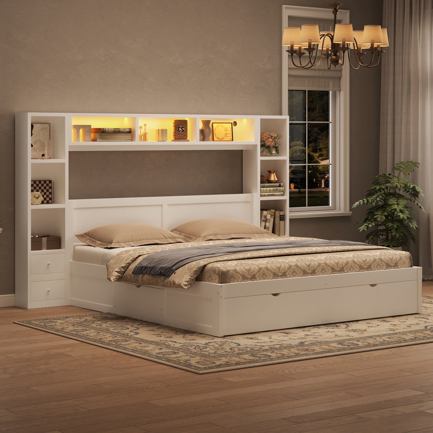 Platformbedframe (140 x 200 cm) met hoofd- en voeteneinde, Kinderbed, Tweepersoonsbed, opbergruimte, 7 lades, meerdere opbergvakken en LED-lichtstrip, Wit.