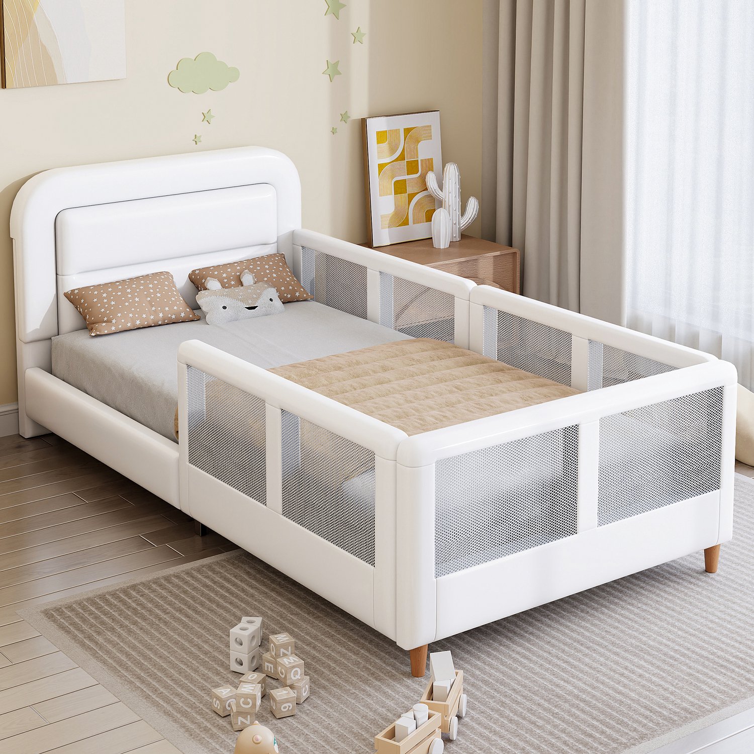 Kinderbed, Eenpersoonsbed, 90 x 200 gestoffeerd platformbed met veiligheidsleuning, wit