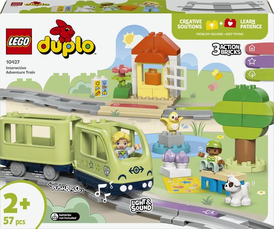 Verpakking van LEGO DUPLO Interactieve avonturentrein 10427 met 57 onderdelen, trein op rails en 3 actiestenen.