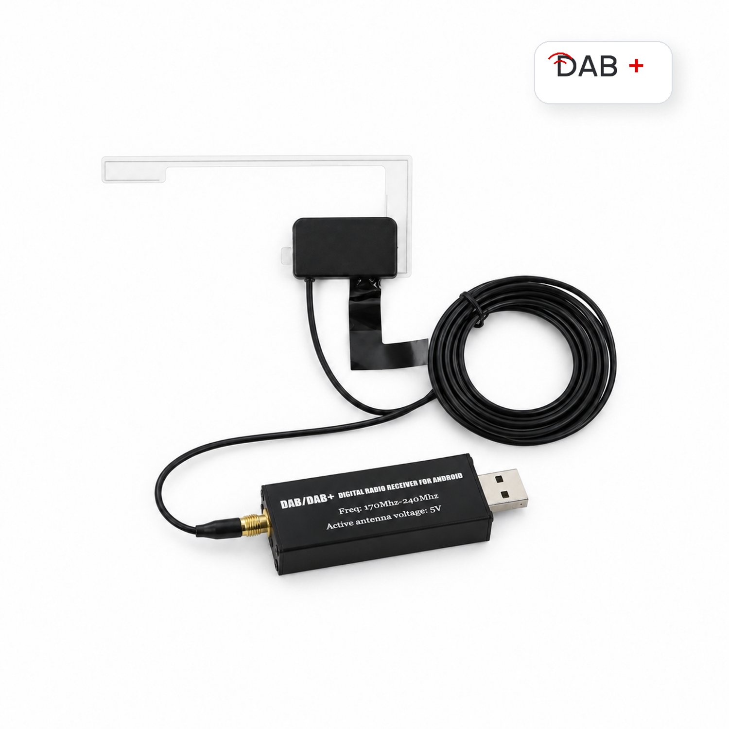 Boscer DAB+ Adapter - Digitale Radio via USB voor Android Autoradio - Inclusief Raamantenne met Kabel - Plug & Play - Zwart