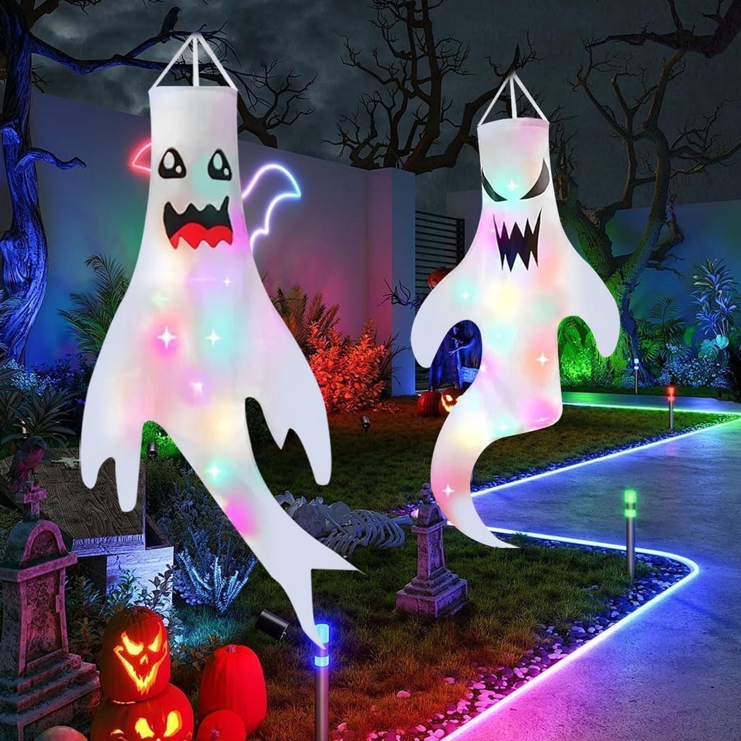 Halloween-windzakken 120 cm - 2 stuks - kleurrijke lichtketting - spookwindsok voor buiten - Vemera