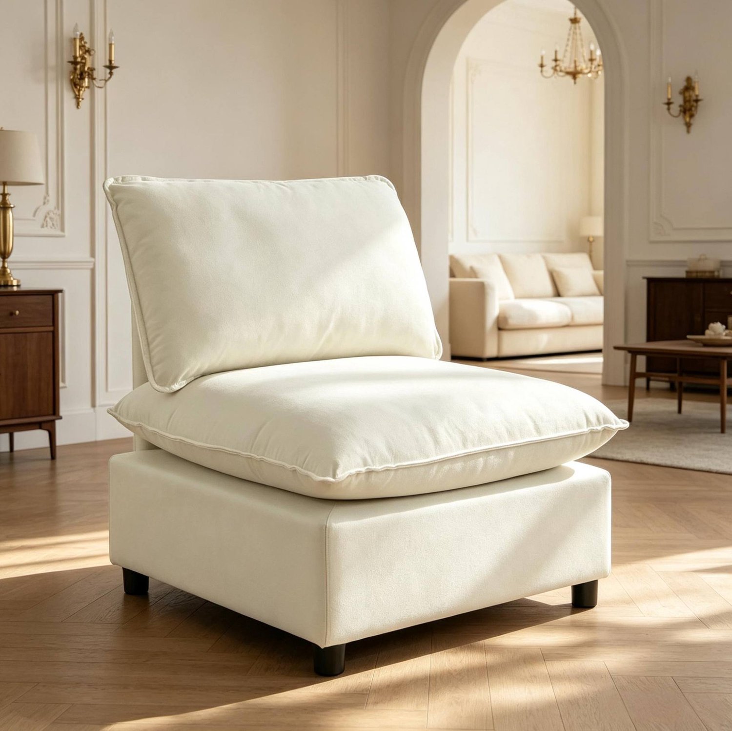 Wishdor Fauteuil zonder armleuningen - Ruime zitting met dikke kussens - Niet verstelbaar - Moderne stijl - Woonkamer kantoor studio - Stof - Crème - 74 x 85 x 78 cm