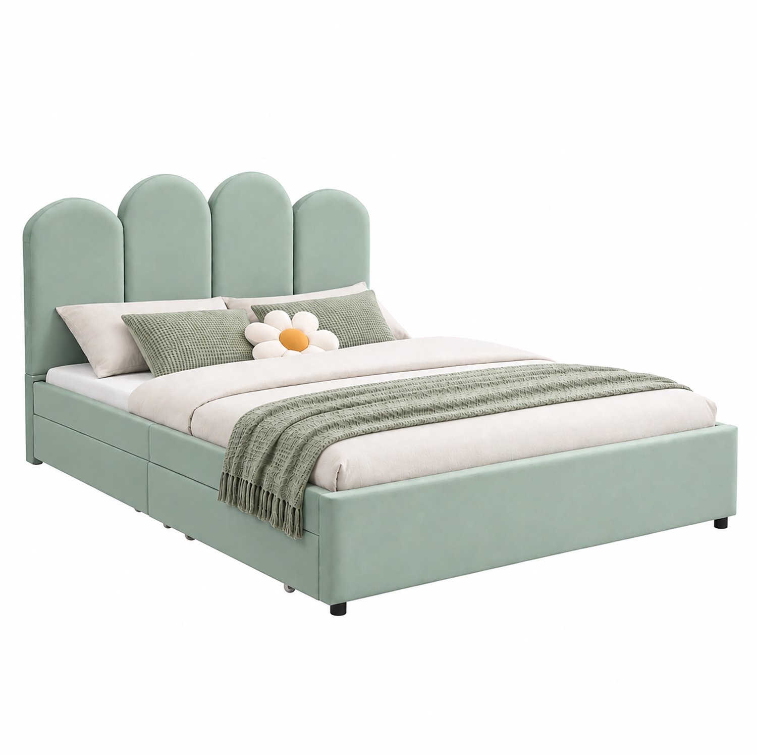 MODENUIT Gestoffeerd Bed – 140 x 200 cm – Vier Lades – Fluweel – Lichtgroen – Tweepersoonsbed Met Lattenbodem