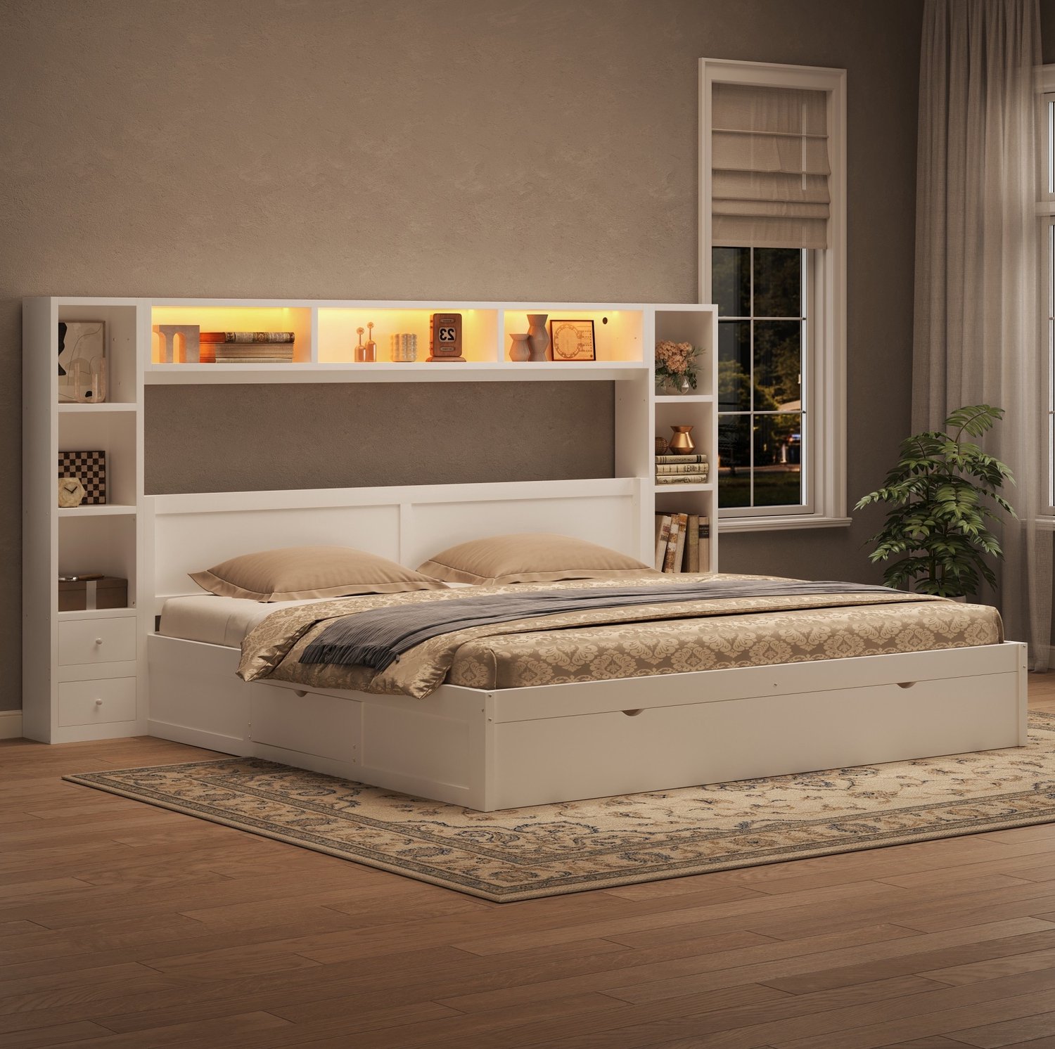 DESMIU Bed 180x200 cm – Tweepersoonsbed met LED-Verlichting – 7 Lades en Opbergruimte – MDF en Hout – Zonder Matras – Wit