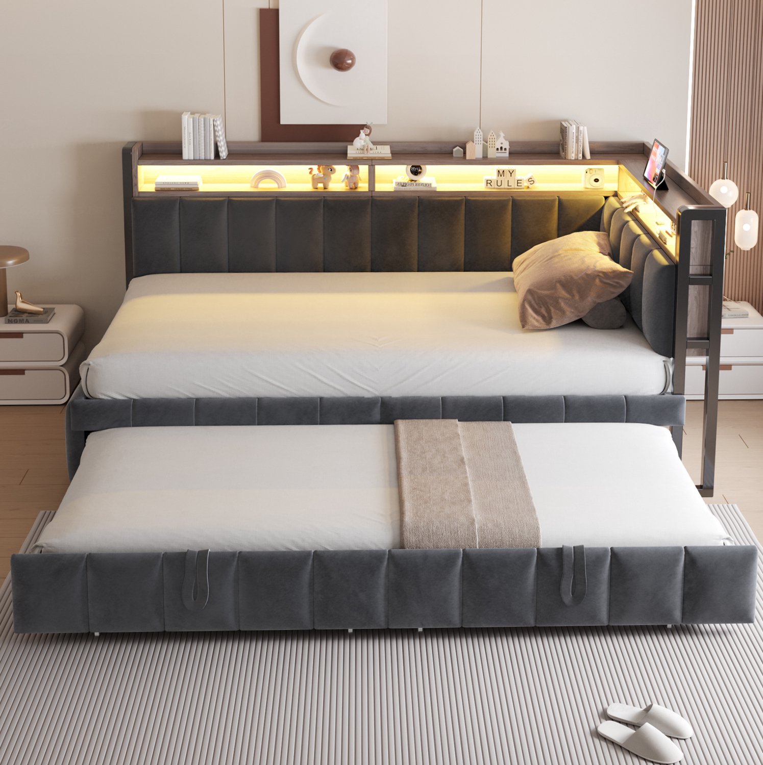 DESMIU Slaapbank 90x200 cm – Uitschuifbed Met LED-Verlichting En USB Type-C – Opbergruimte – Zonder Matras – Velours – Donkergrijs
