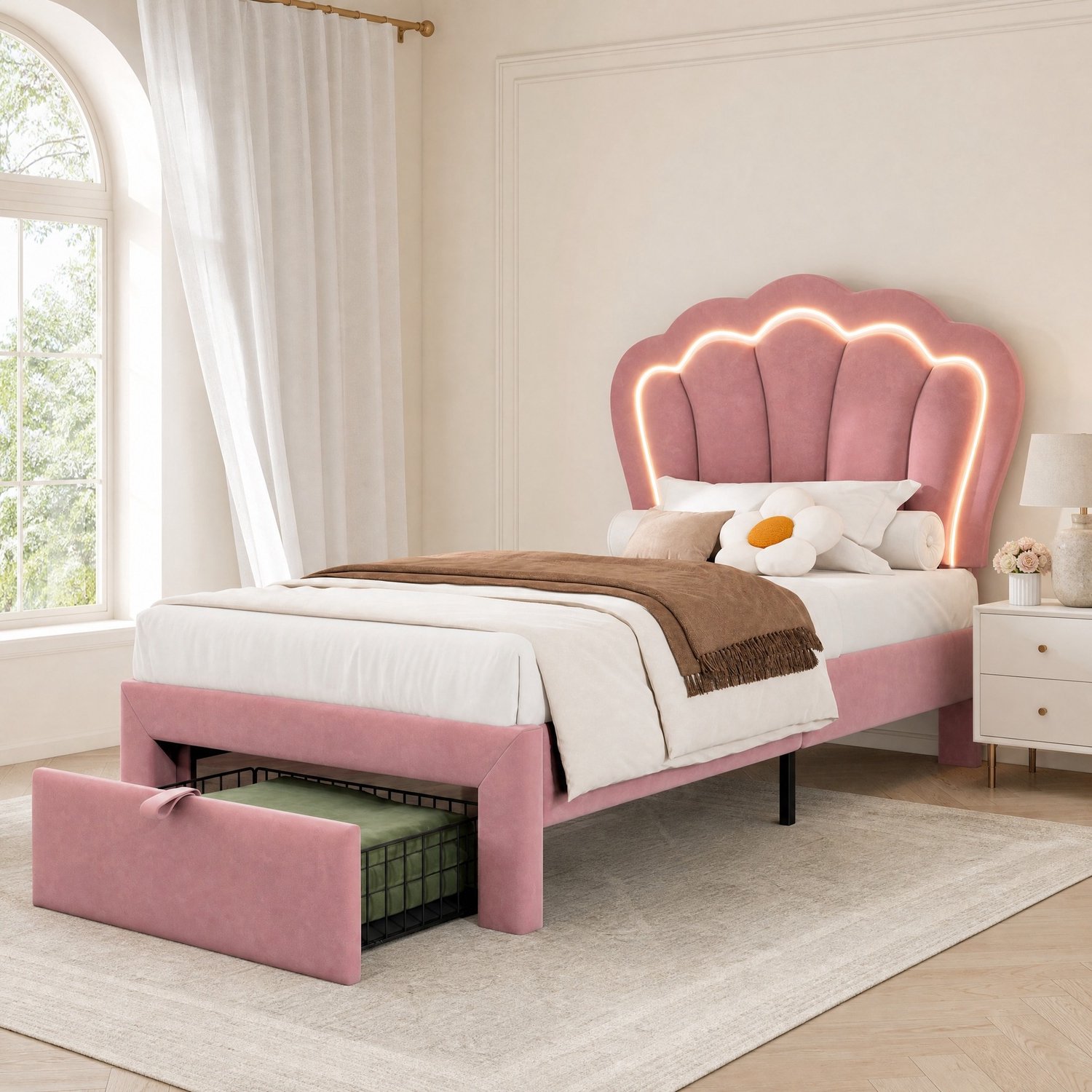 Maisentiel Kinderbed 90 x 190 cm met LED, opberglade en verstelbaar hoofdbord, roze fluweel
