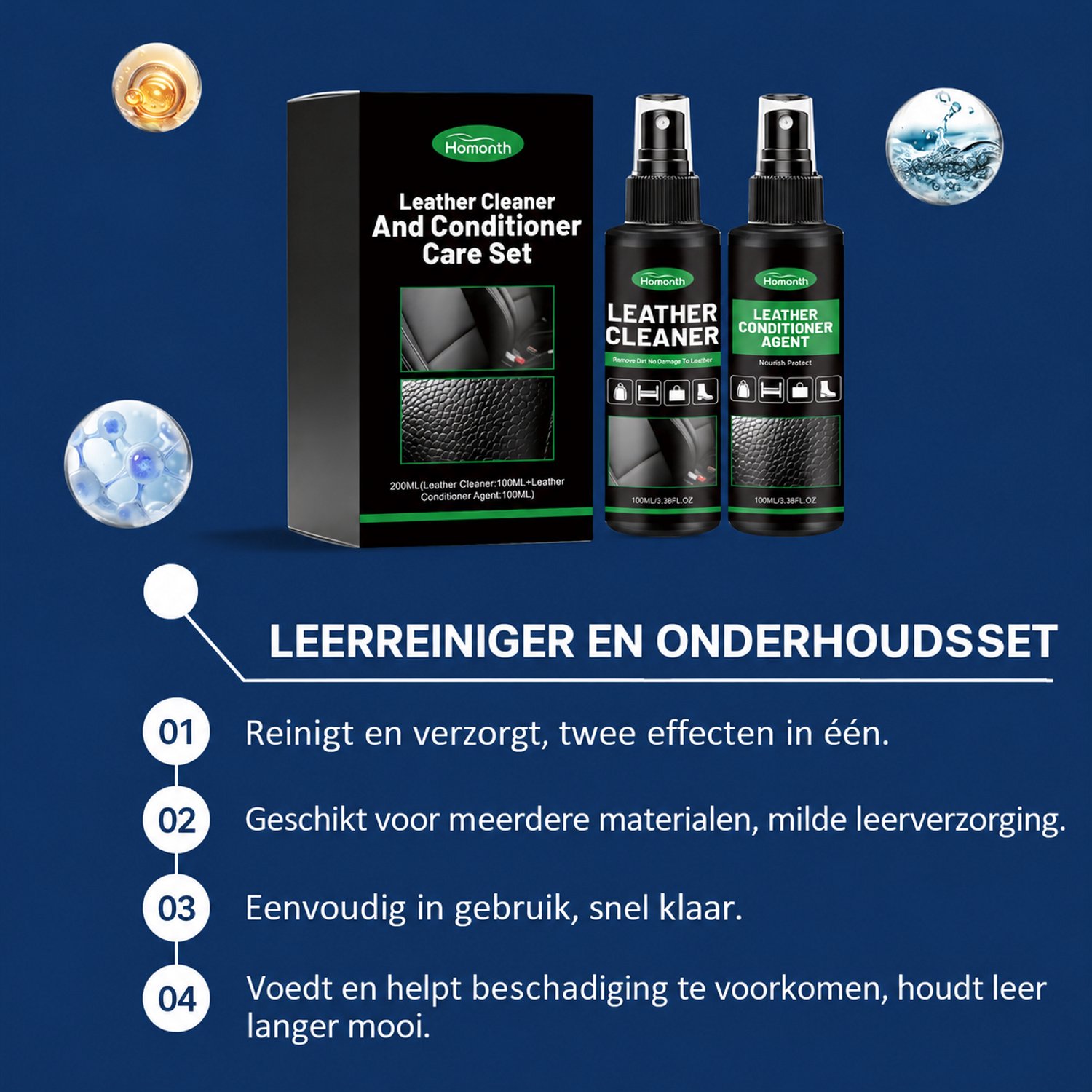 Homonth Leer Onderhoud Set 200 ml – Leerreiniger & Leerverzorging Conditioner – Leather Care Kit met Borstel, Spons & Microvezeldoek – Voor Leer & Kunstleer – Auto, Bank, Meubels, Schoenen en Tassen – foto 5
