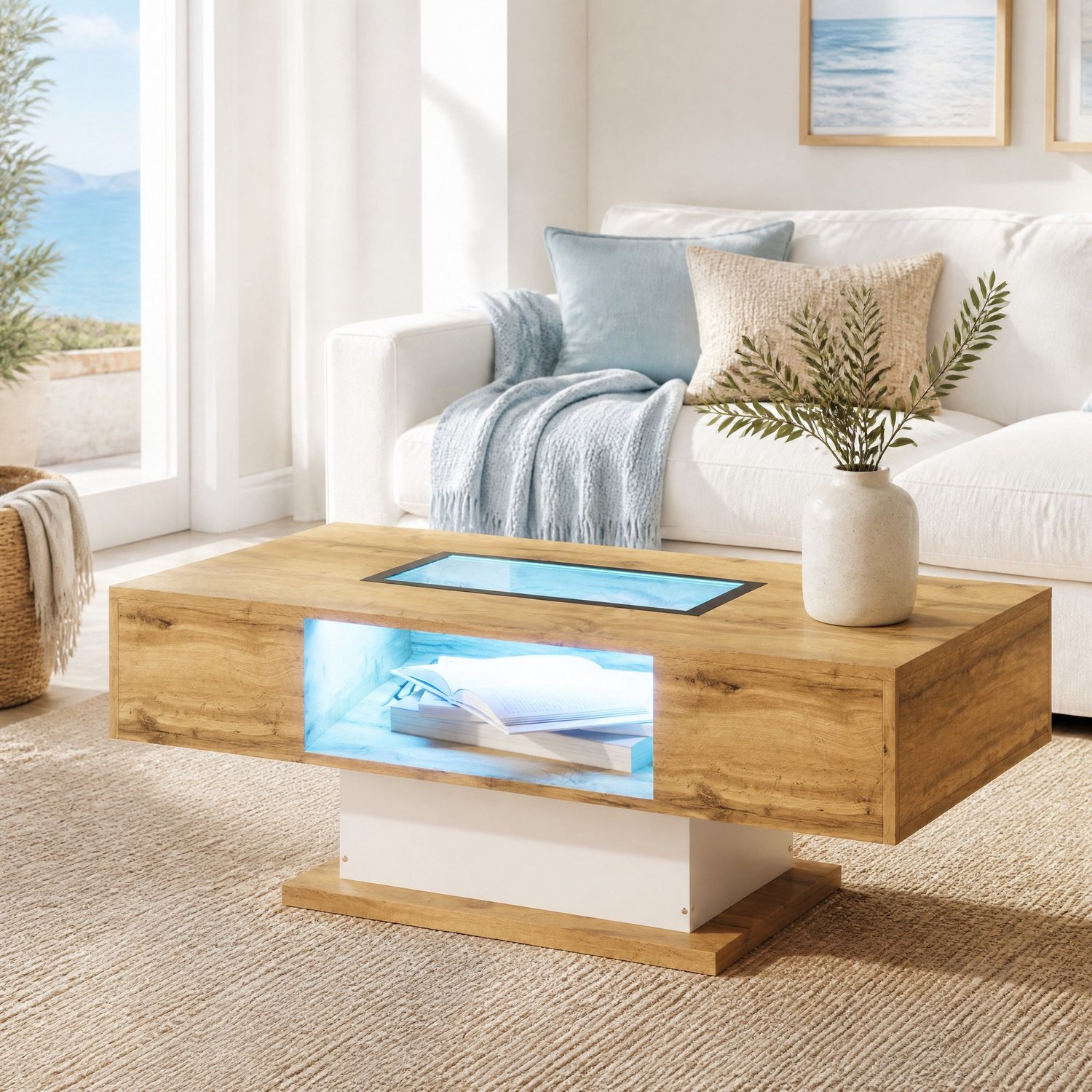 Maisentiel Salontafel 110,2 x 60 cm met LED-verlichting, glasplaat en 2 lades Wit