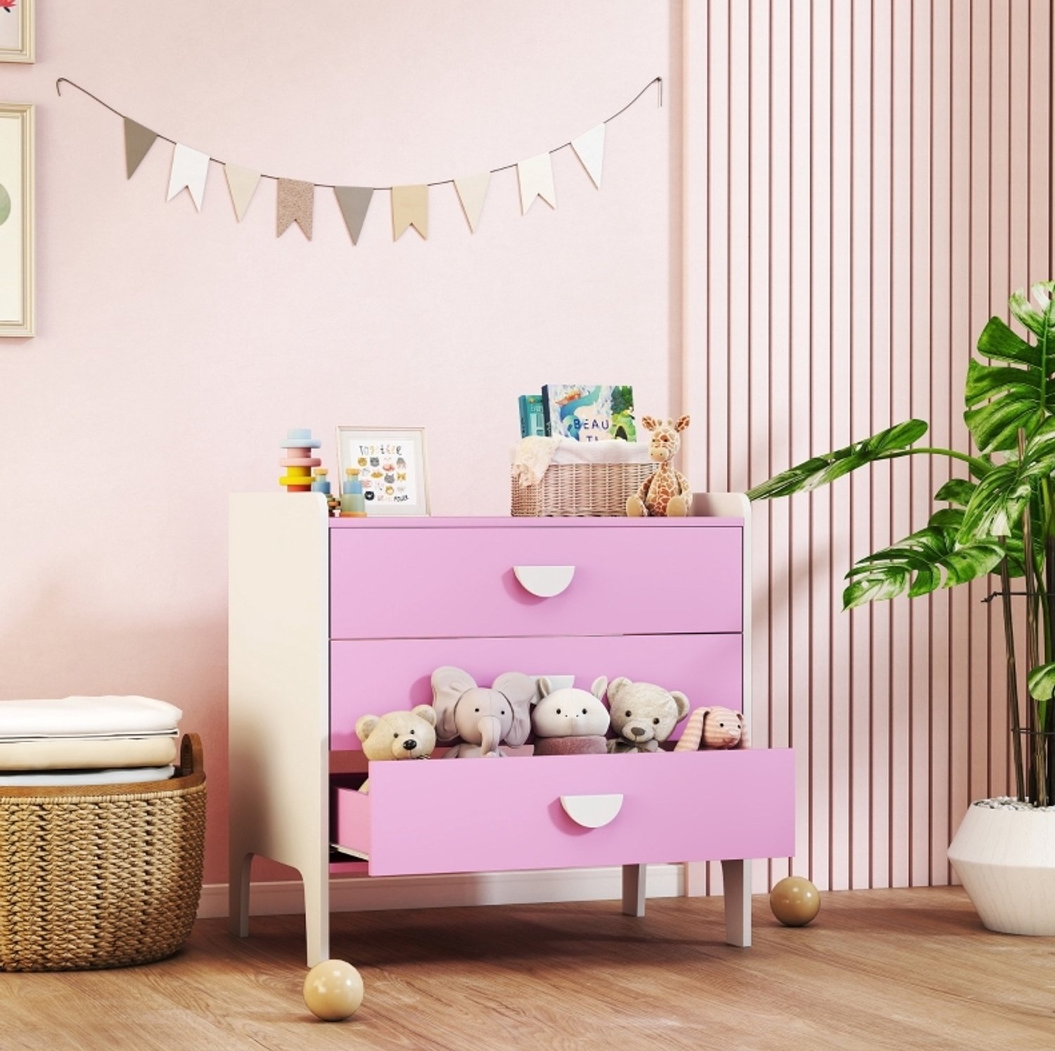 MIVRAY Kindercommode - Drie Laden En Onderhoudsvriendelijk Oppervlak - Voor Kinderkamer - MDF - Roze En Wit - 60 x 40 x 60 Cm