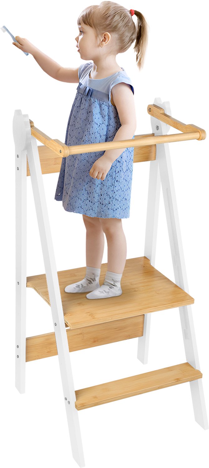 PIPIPOXER leertoren -Inklapbaar- Learning Tower -Montessori Leertoren-Keukentoren, Kindertrap, Tekenbord - Speeltafel - Kinder trapje - Bamboe - Wit