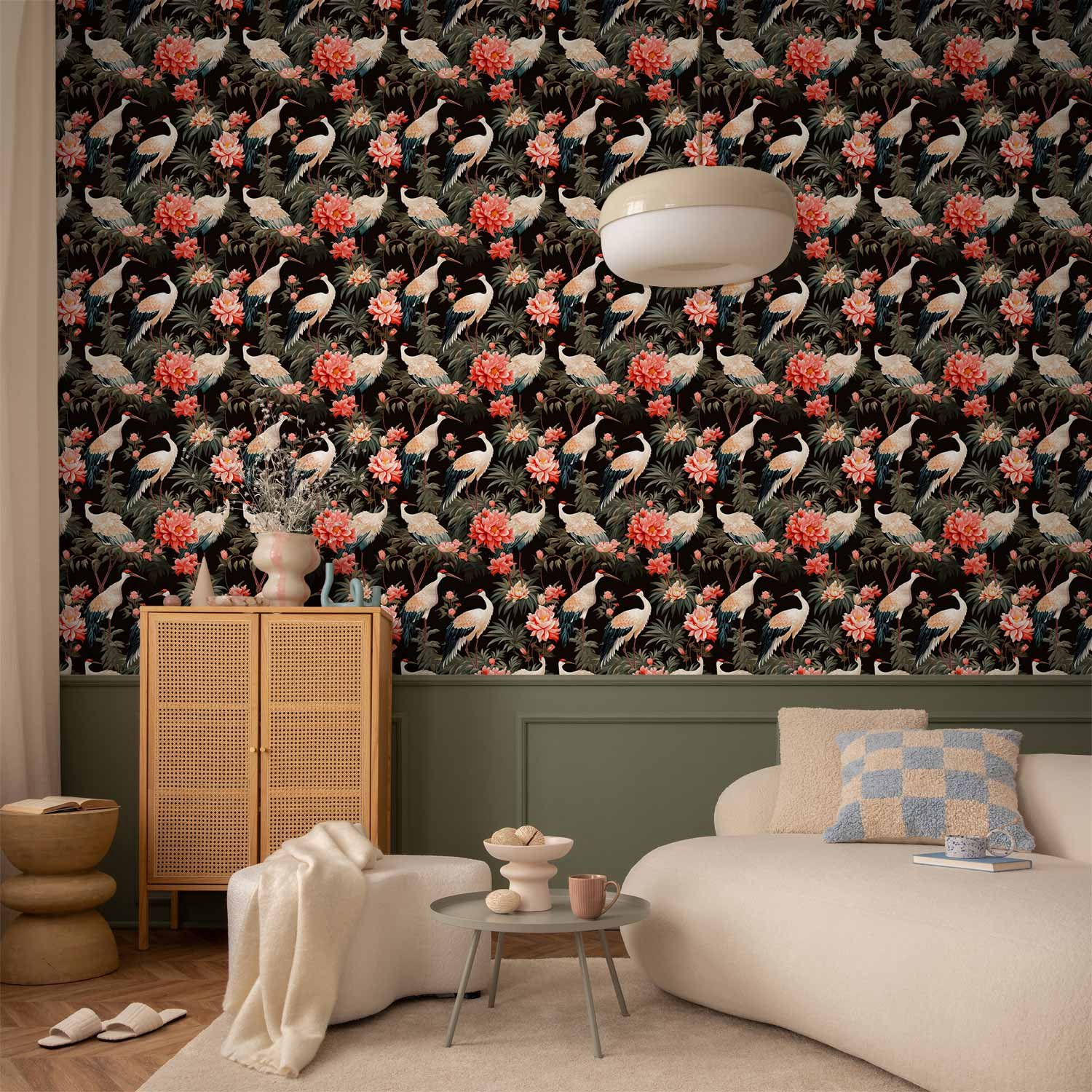 Behang - Ornament with birds - silhouettes of cranes and peony flowers on a dark background