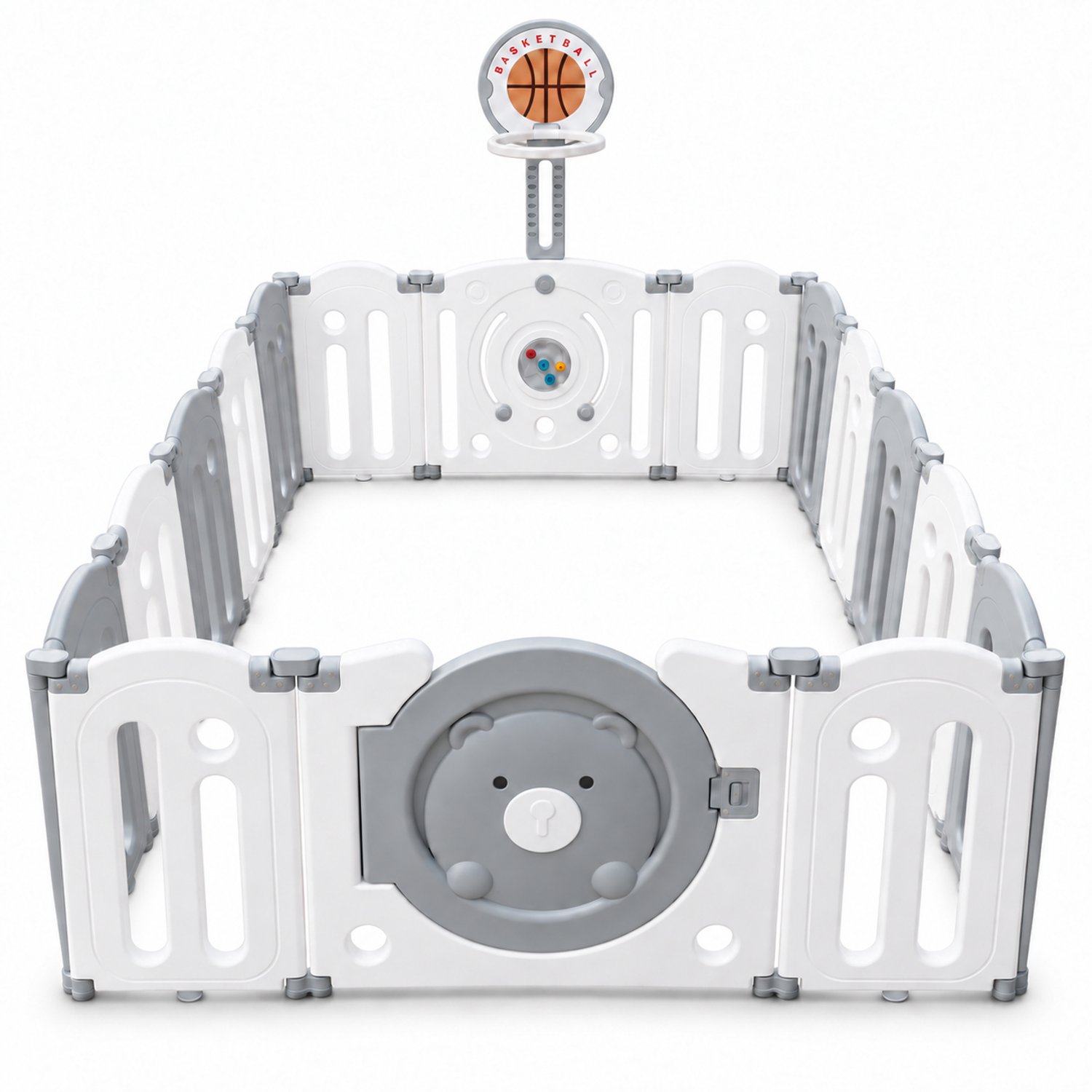 JustValue Grondbox - 134 x 167 cm - 14+2 Panelen - Speelhek met Deur, Speelpaneel en Basketbalring - Grijs-wit