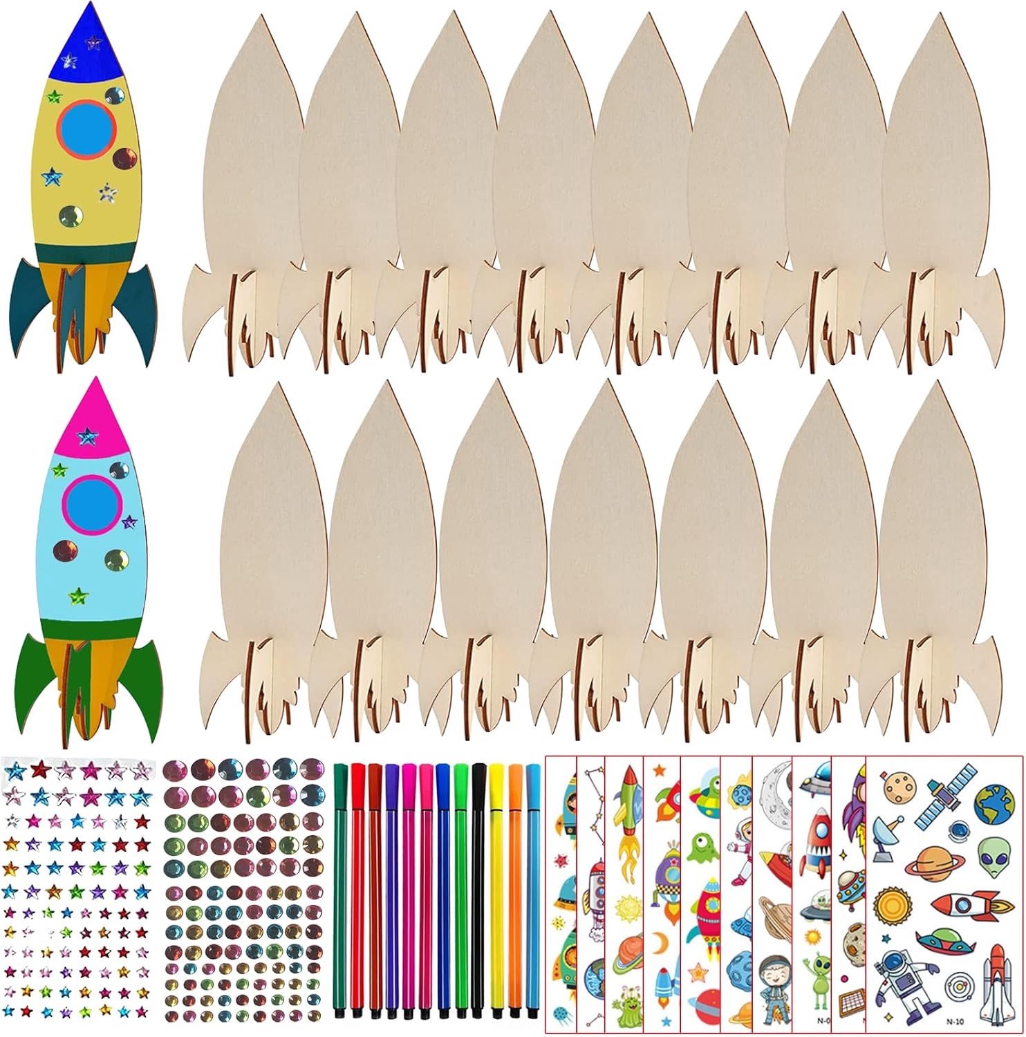 Houten Raketten Knutselset - Multicolor - 231 Stuks - Natuurlijke Houten Materialen - Voor Kinderen