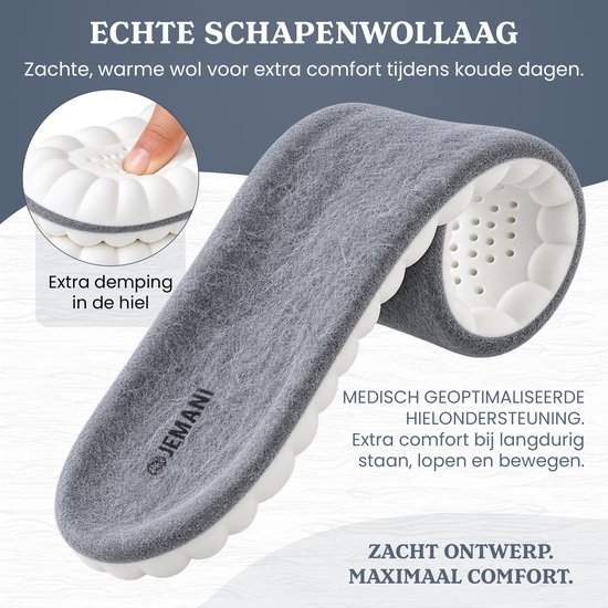 Flexibele inlegzool met een grijze wollen toplaag en een witte, schokabsorberende hielbasis.