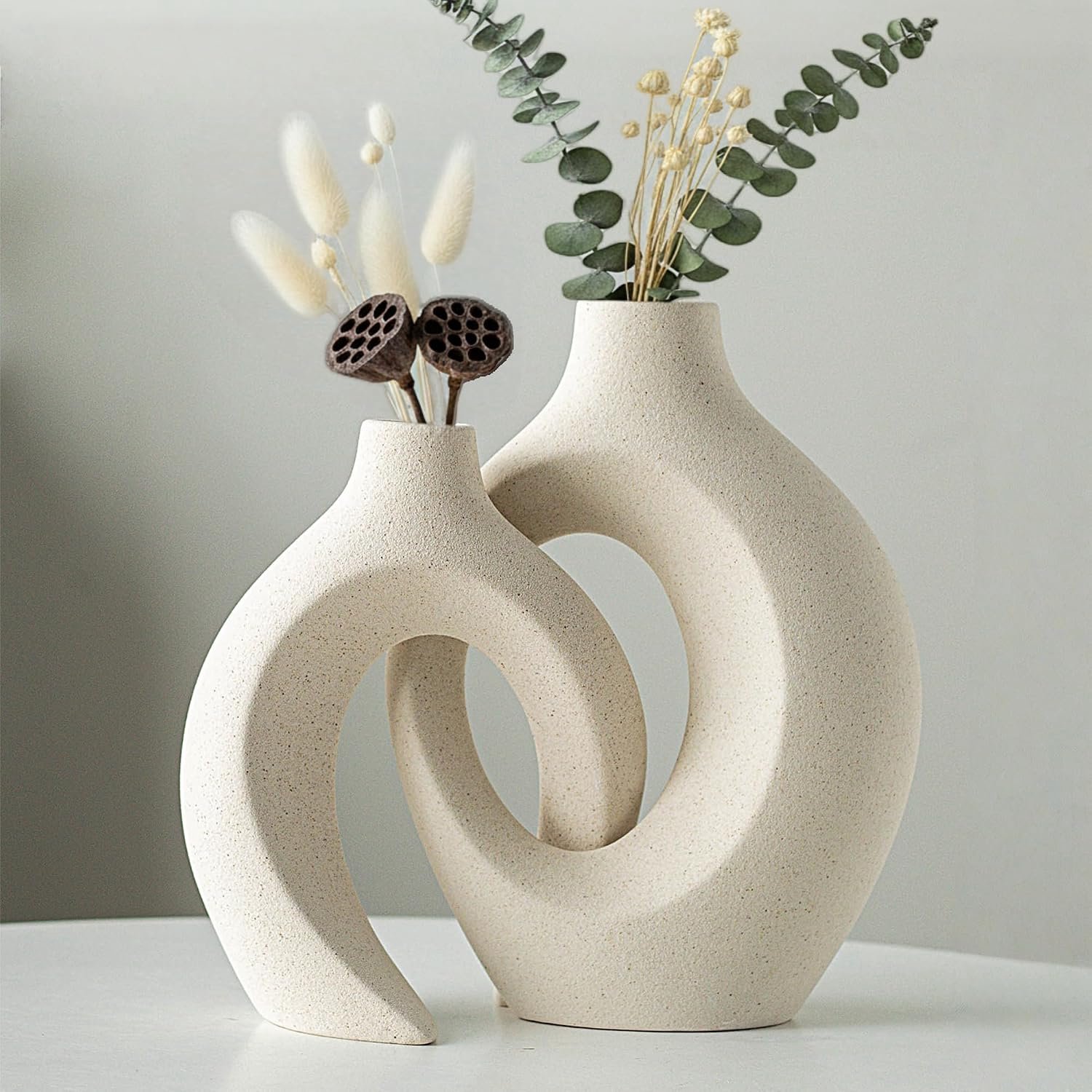FluxGoods Japandi Keramische Vazen Set van 2 – Japandi Vaas – Matte Keramiek Vazen met Open Design – Moderne Woondecoratie – Beige