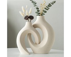 Japandi Keramische Vazen Set van 2 – Japandi Vaas – Matte Keramiek Vazen met Open Design – Moderne Woondecoratie – Beige