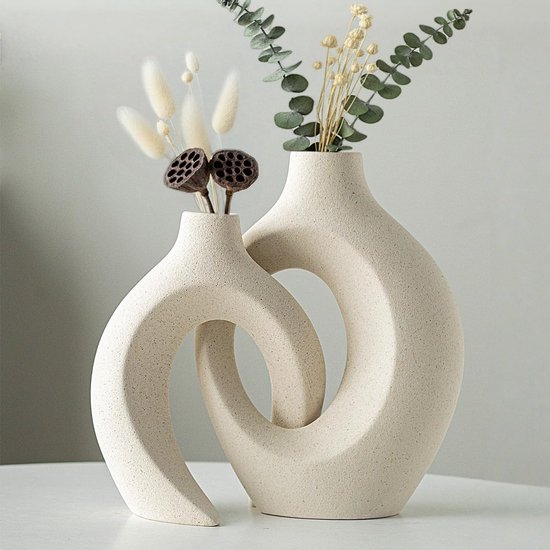 Japandi Keramische Vazen Set van 2 – Japandi Vaas – Matte Keramiek Vazen met Open Design – Moderne Woondecoratie – Beige