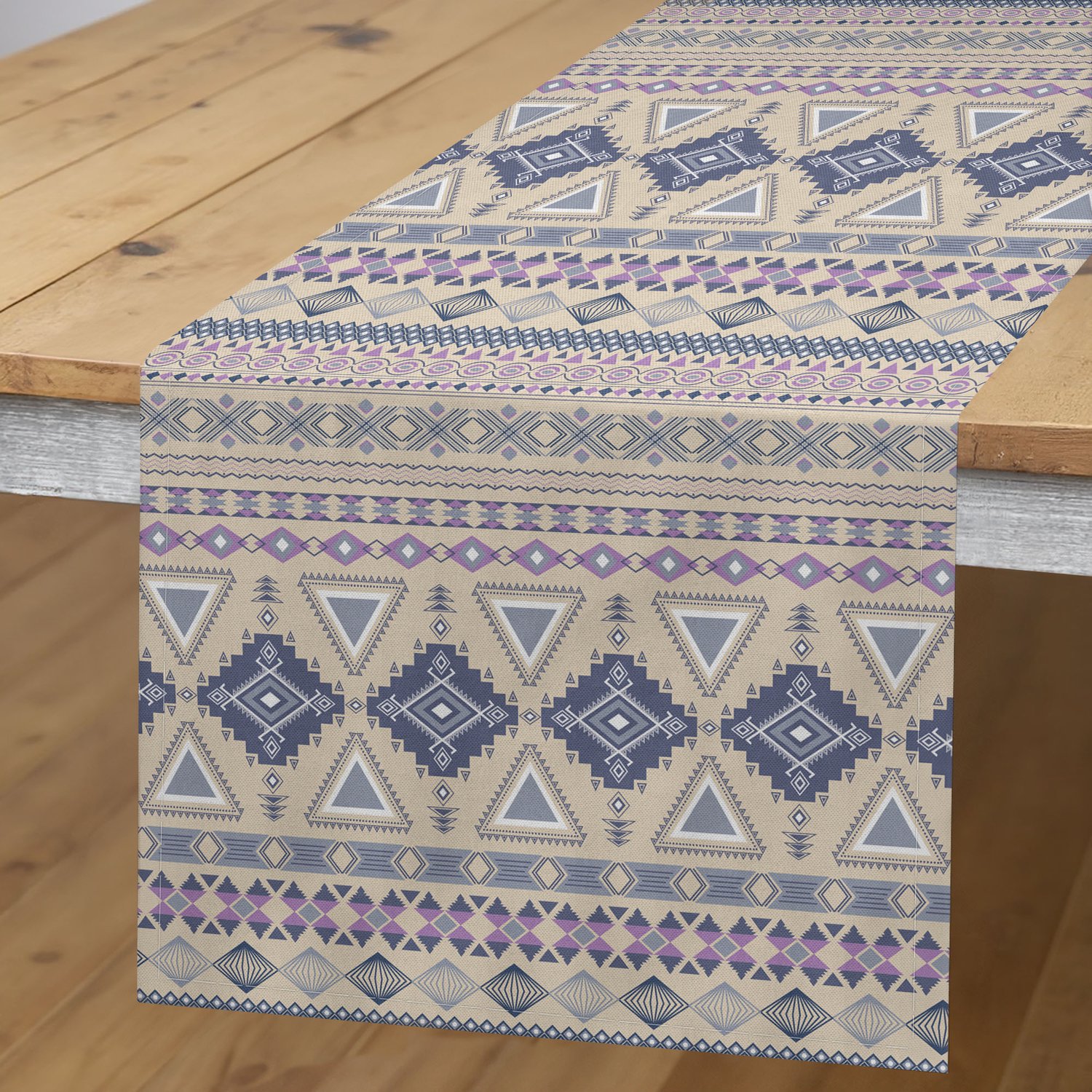ABAKUHAUS Etnisch Tafelloper, Etnisch Versierd Motief, Rechthoekige Decoratieve Tafelloper voor Eetkamer en Keuken, 40 x 180 cm, Grijs Wit en Blauw