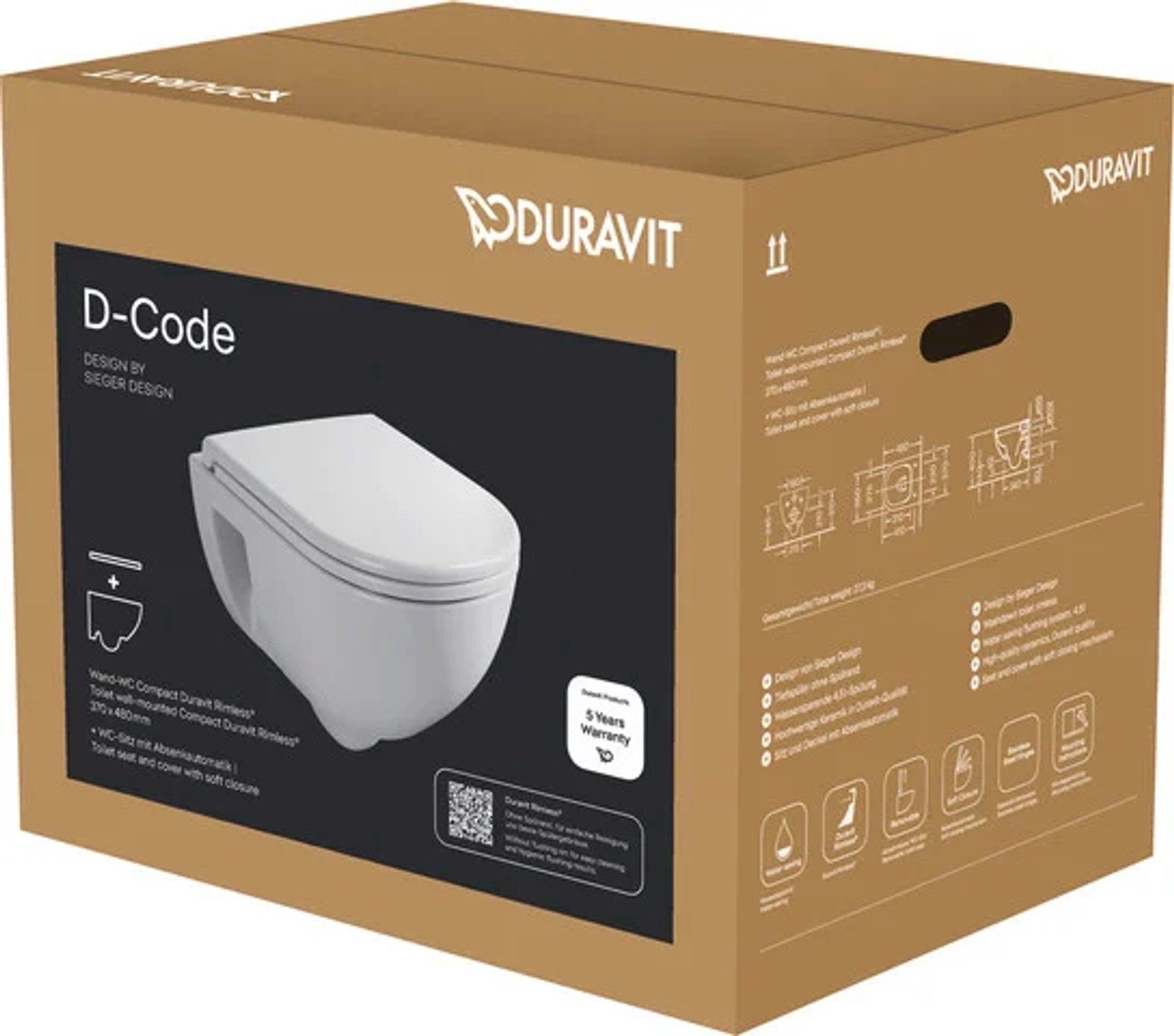 Duravit DU D-Code 2.0 wc-set wandhangend compact, rimless incl. zitting met softclose, Wit hgl., 45150900A1