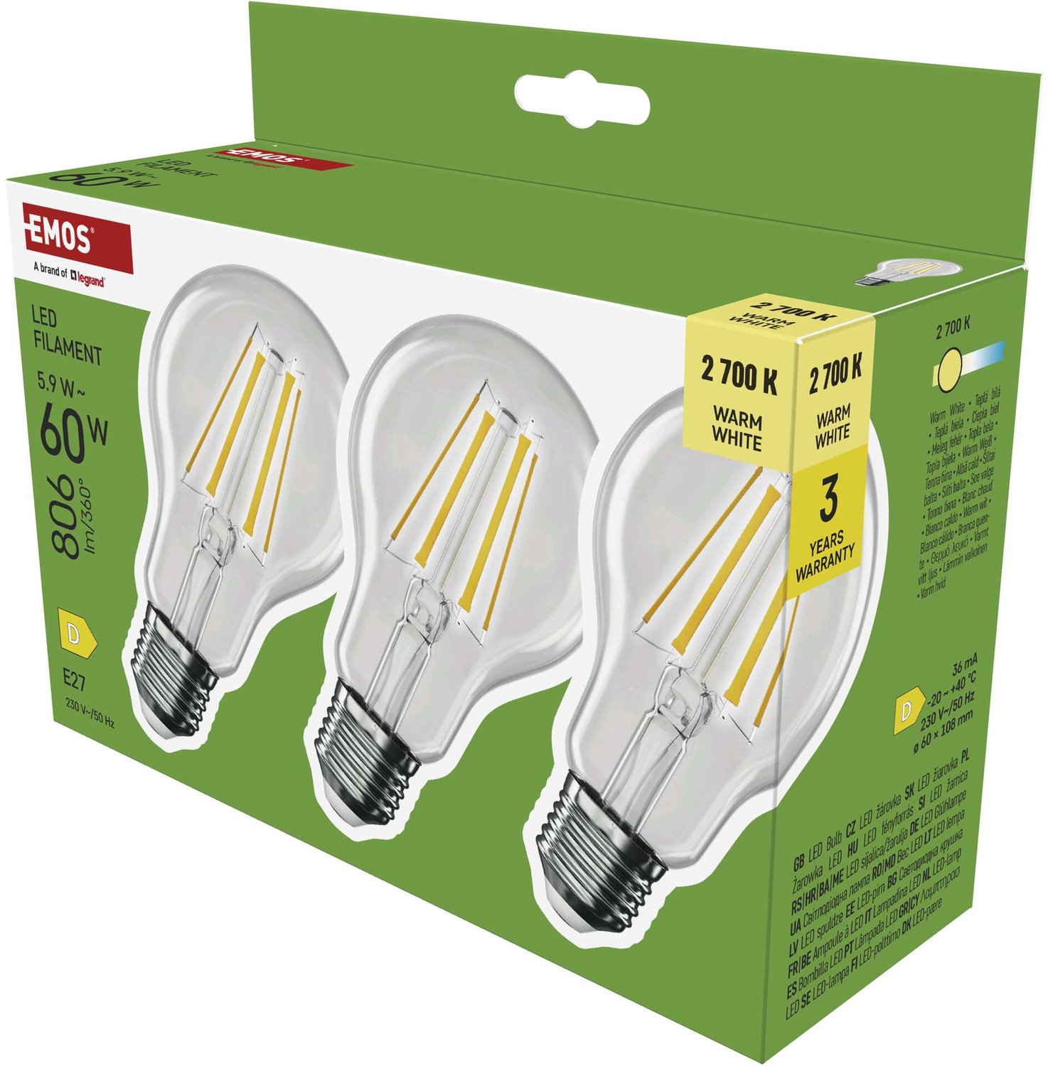 EMOS LED-lamp Filament A60 / E27 / 5,9 W (60 W) / 806 lm / warmwit / 3 stuks, ZF5D42.3