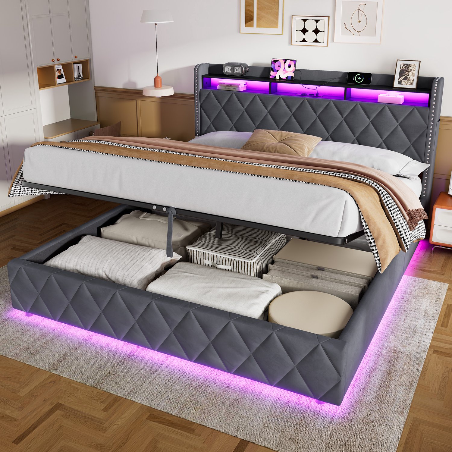 CHICFURN Gestoffeerd Bed 180x200 cm - Slaapkamer - USB-laadstation en ledverlichting - Hydraulisch opbergbed - Fluweel, hout en metaal - Donkergrijs