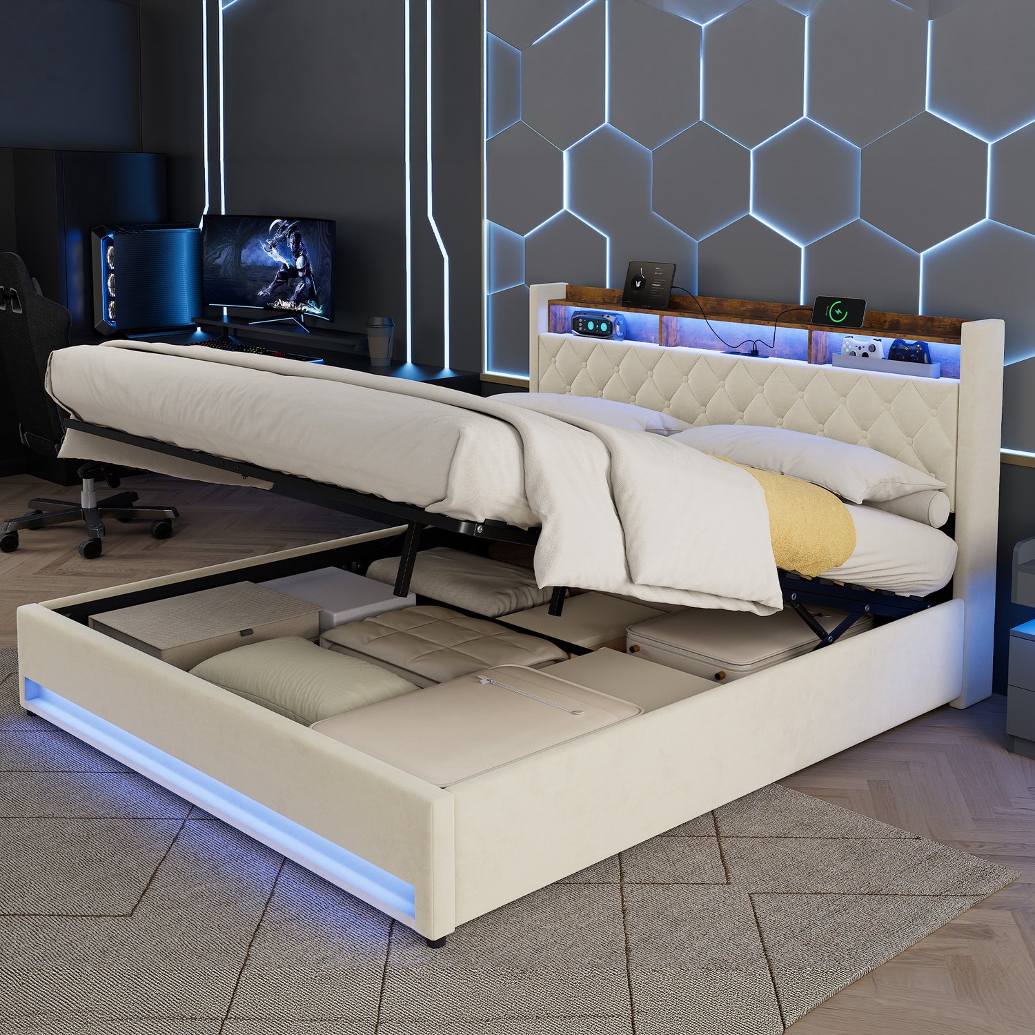 CHICFURN Gestoffeerd Bed 180x200 cm - Slaapkamer en hotelkamer - Ergonomisch - Bedframe - Fluweel - Beige