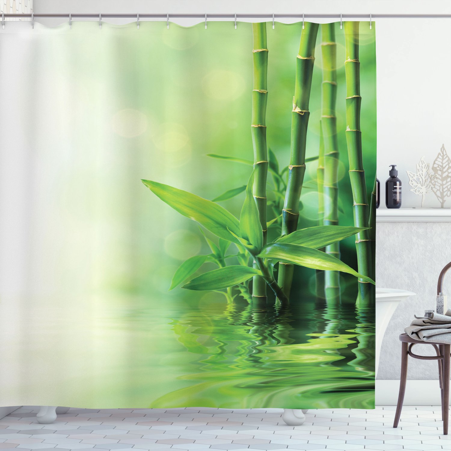 ABAKUHAUS Japans Douchegordijn, Zen Spa Bamboos bomen, Met Set van 12 Ringen, Stijlvol en Modern, 175x200 cm, Groen Bleekgeel