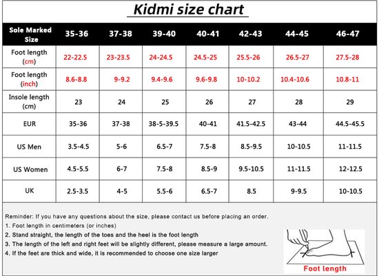 Maattabel voor Olanly slippers met voetlengtes in cm en inches en vergelijkingstabel voor EU, US en UK maten.