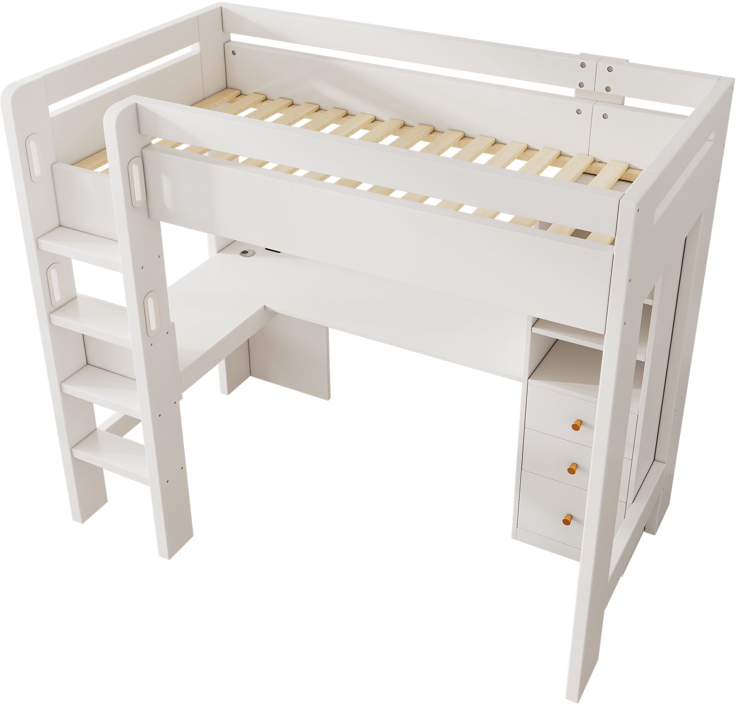 Hoogslaper 90x200 cm - Kinderhoogslaper Met L-Vormig Bureau, USB En Type-C - Drie Planken En Drie Laden - Hout En MDF - Wit