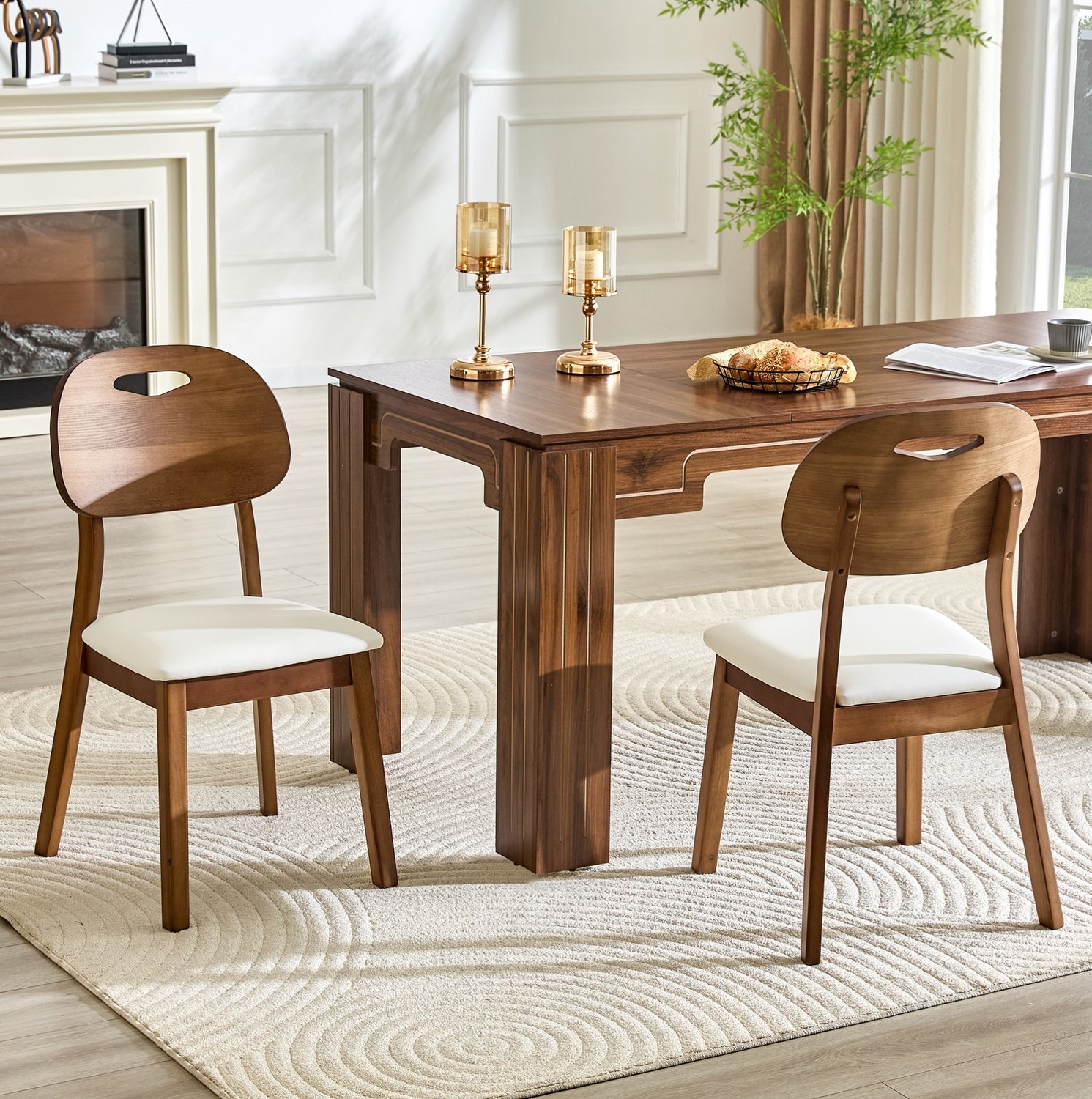WUVRIE Set van 2 eetkamerstoelen - Ovale rugleuning met handgreep en gewatteerde zitting - Wit/bruin