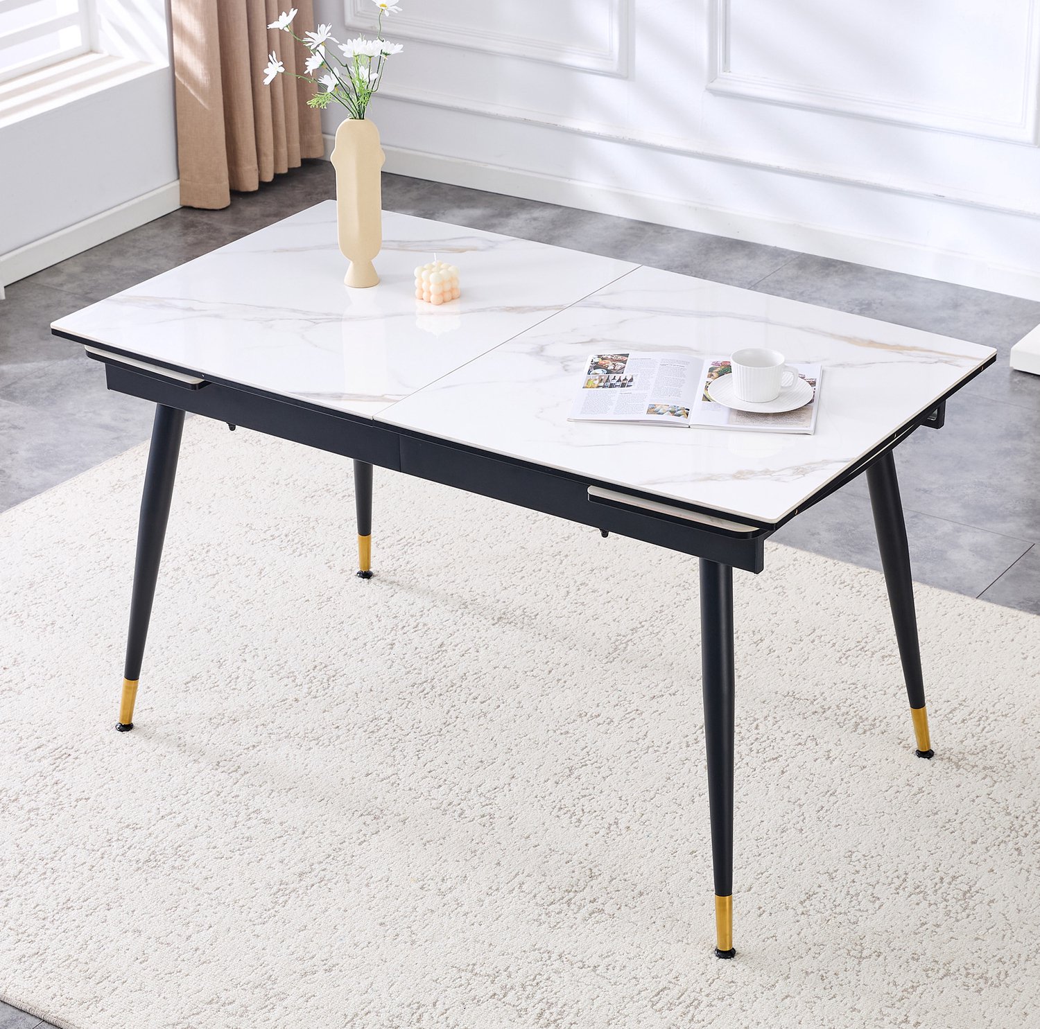 WUVRIE Uitschuifbare eettafel 140-200 x 80 cm - Keramisch blad met marmerlook - Wit/zwart/goud