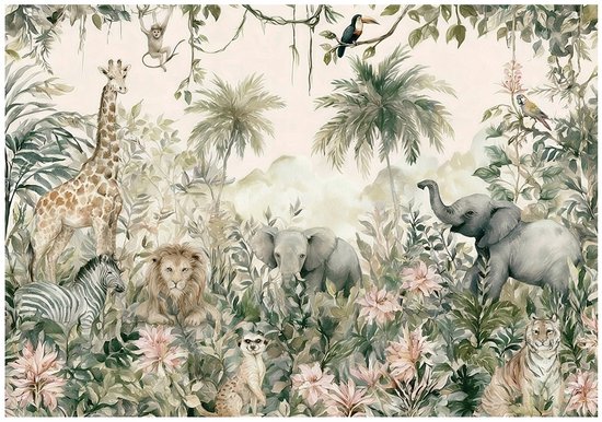 Pastelkleurig jungle-behang met giraf, leeuw, olifant, zebra en andere exotische dieren in een artistieke stijl.