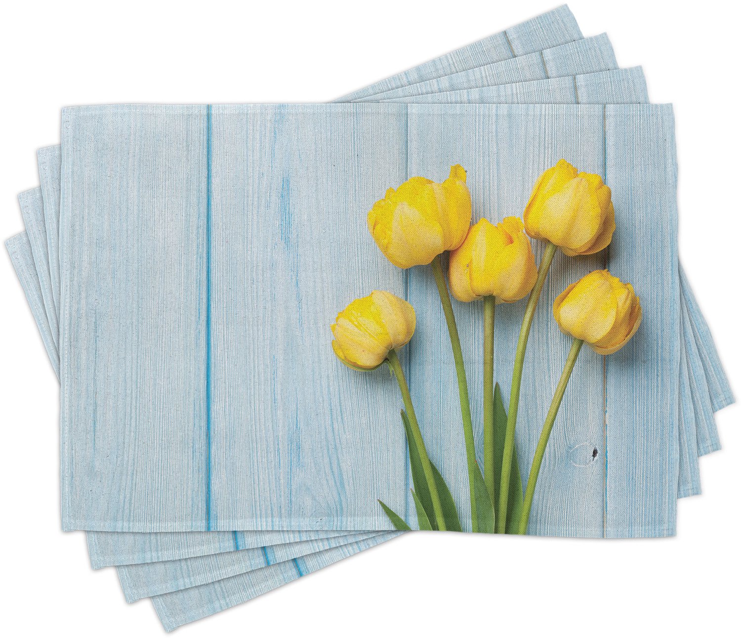 ABAKUHAUS Tulp Placemats Set van 4, Geel Bloemen op Ouderwetse Houten Rustiek Achtergrond Valentijn Romantisch Thema, Wasbare Stoffen Placemats voor de Eettafel, Standaardformaat, Blauw Geel