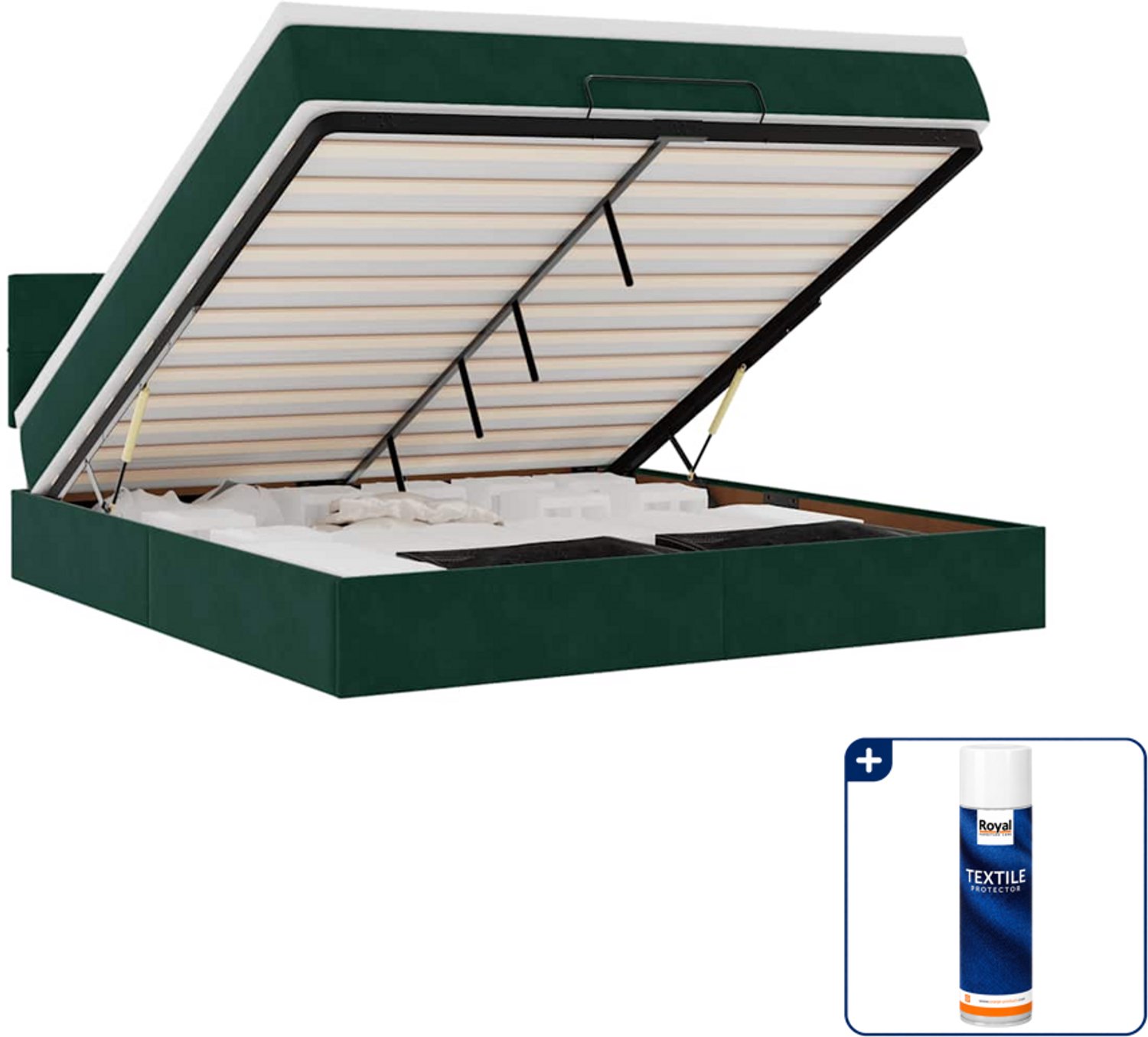 vidaXL Queensize ottoman bed met matras en LED - 160 x 200 cm - fluweel - donkergroen - Inclusief textielbeschermer 500 ml Crème