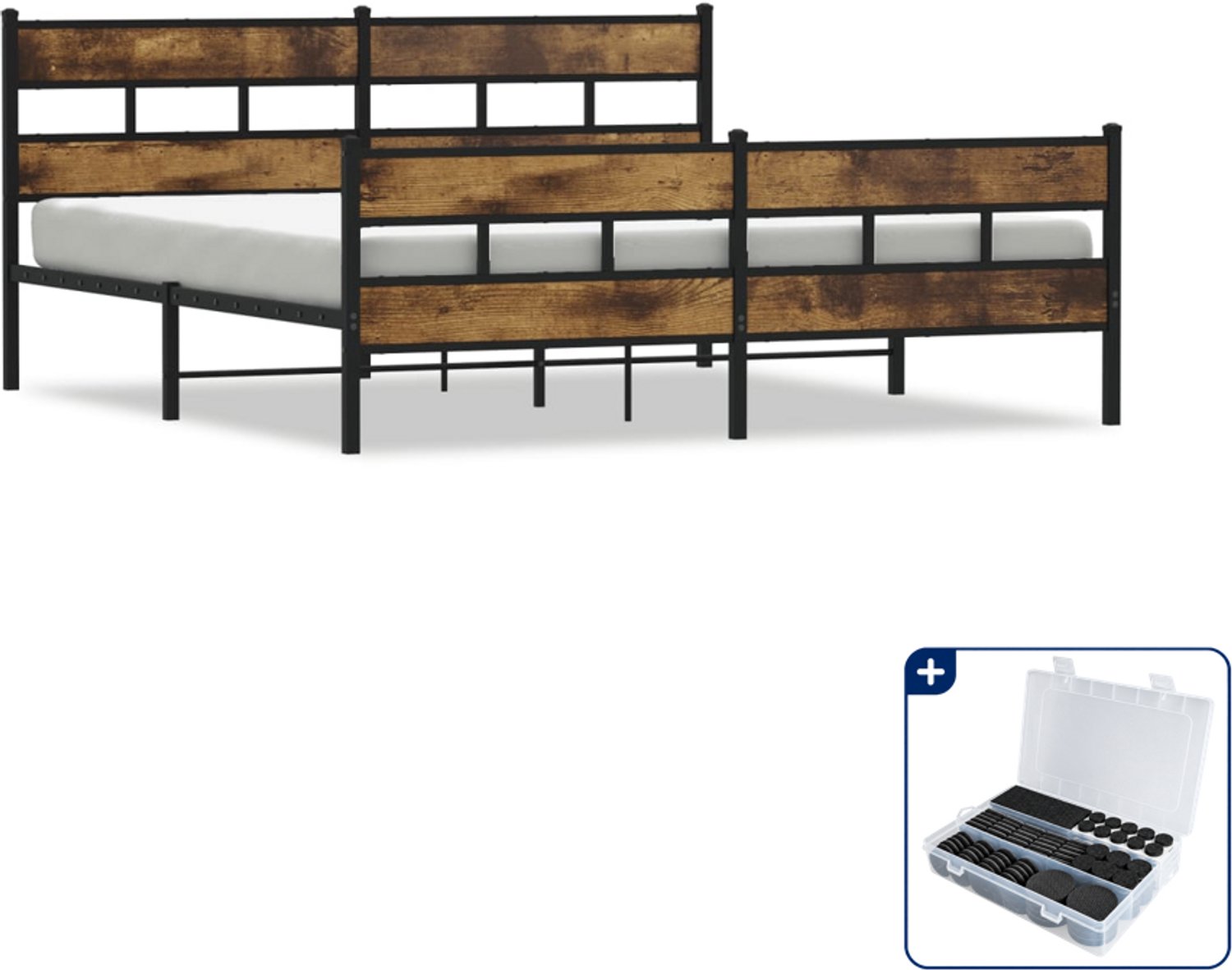 vidaXL Bedframe - 183 x 213 cm - staal en bewerkt hout - gerookt eiken - Inclusief antikrasvilt 177-delig Bruin