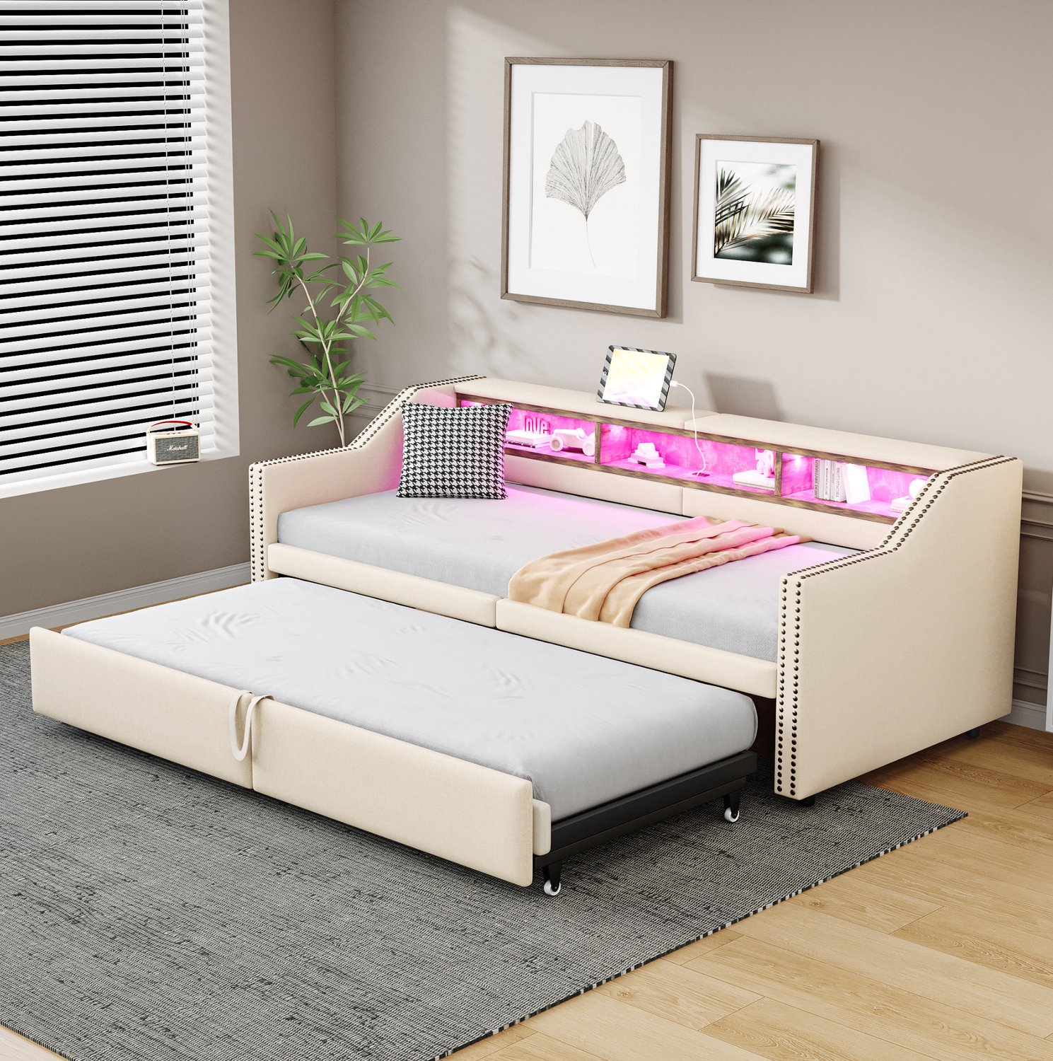 Maisentiel Uitschuifbare slaapbank 90 x 200 tot 180 x 200 cm met LED, USB en lattenbodem - beige