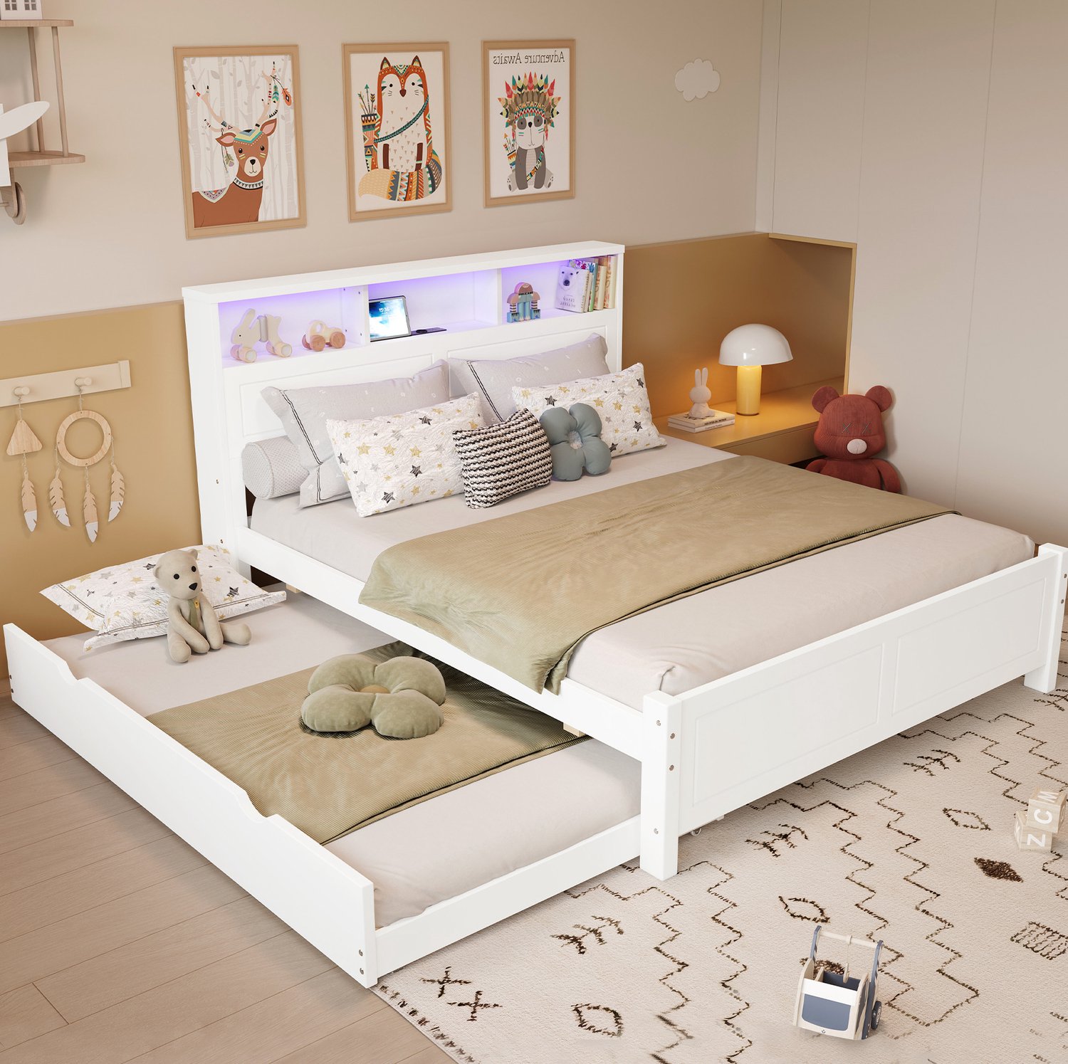 Maisentiel Wit bed met uitschuifbed, opbergruimte en verlichting - 120 x 200 en 90 x 190 cm