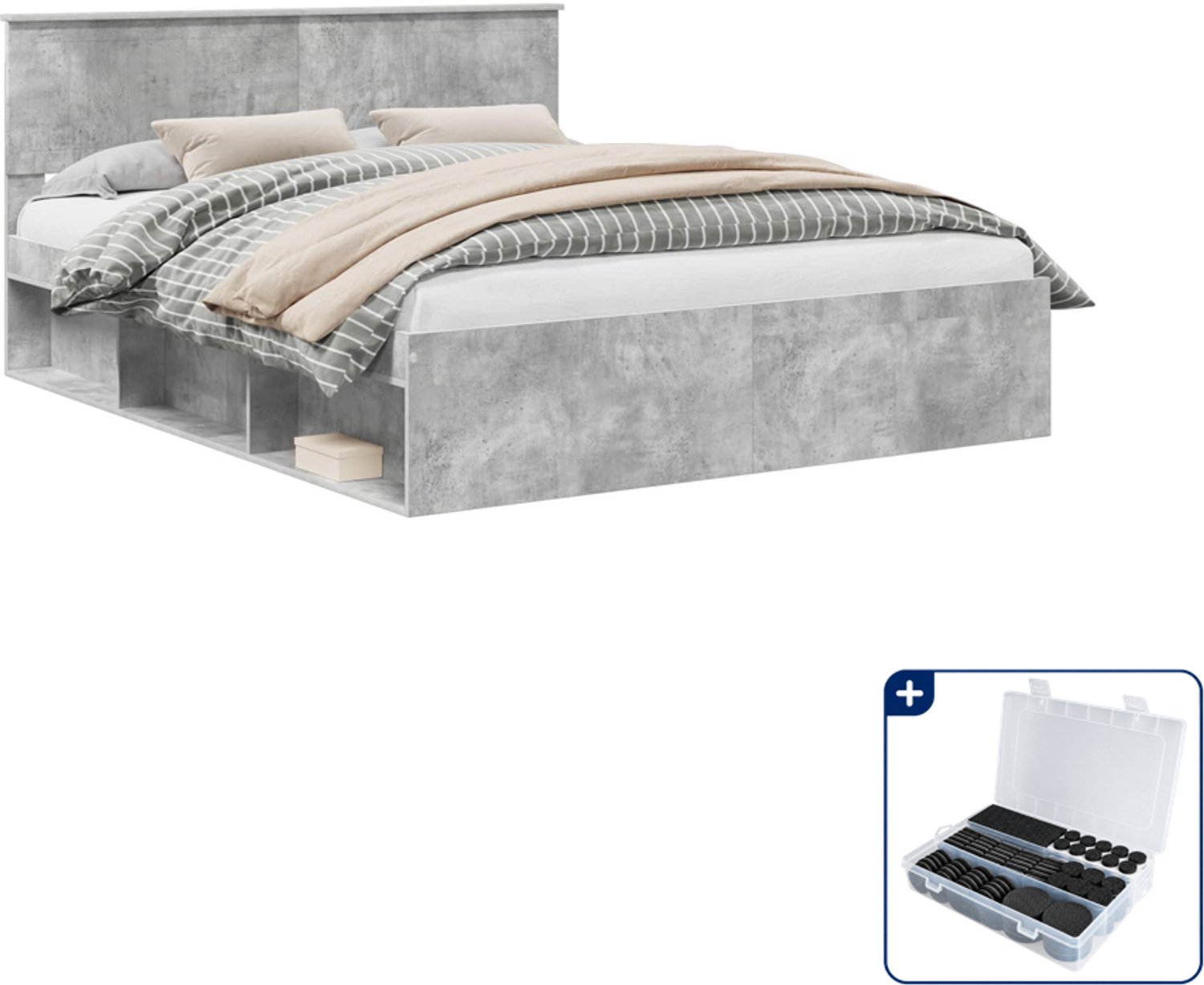 vidaXL Queensize bedframe 160 x 200 cm - betongrijs - Inclusief antikrasvilt 177-delig Bruin