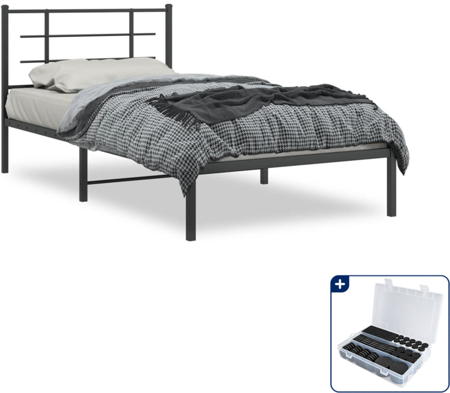 vidaXL bedframe met hoofdbord - 107 x 203 cm - staal - zwart - Inclusief antikrasvilt 177-delig
