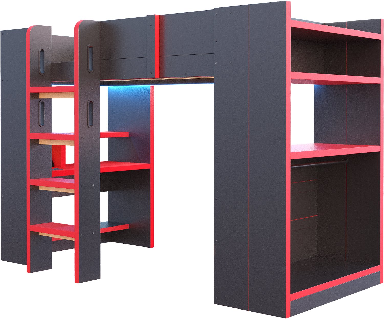 MUVANO Hoogslaper 90 x 200 cm met bureau - Houten eenpersoonsbed - Ledverlichting en stopcontacten - Computerhouder en opbergrek - Tienerkamer zwart-rood