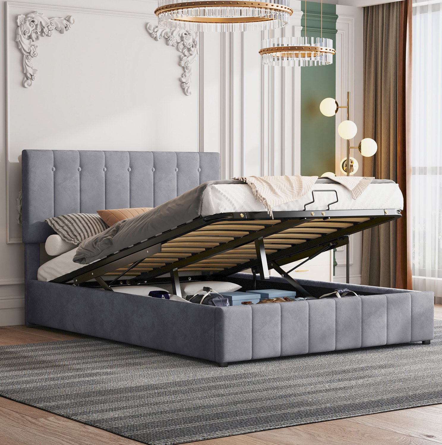 Maisentiel Gestoffeerd bed 140 x 200 cm grijs met opbergruimte en verstelbaar hoofdbord