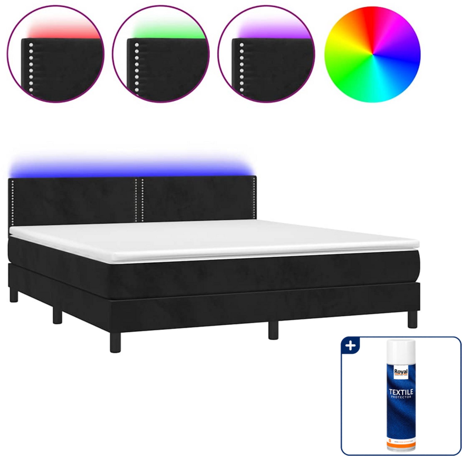 vidaXL Boxspring Kingsize 180x200 cm - fluweel - zwart - met LED - Inclusief textielbeschermer 500 ml