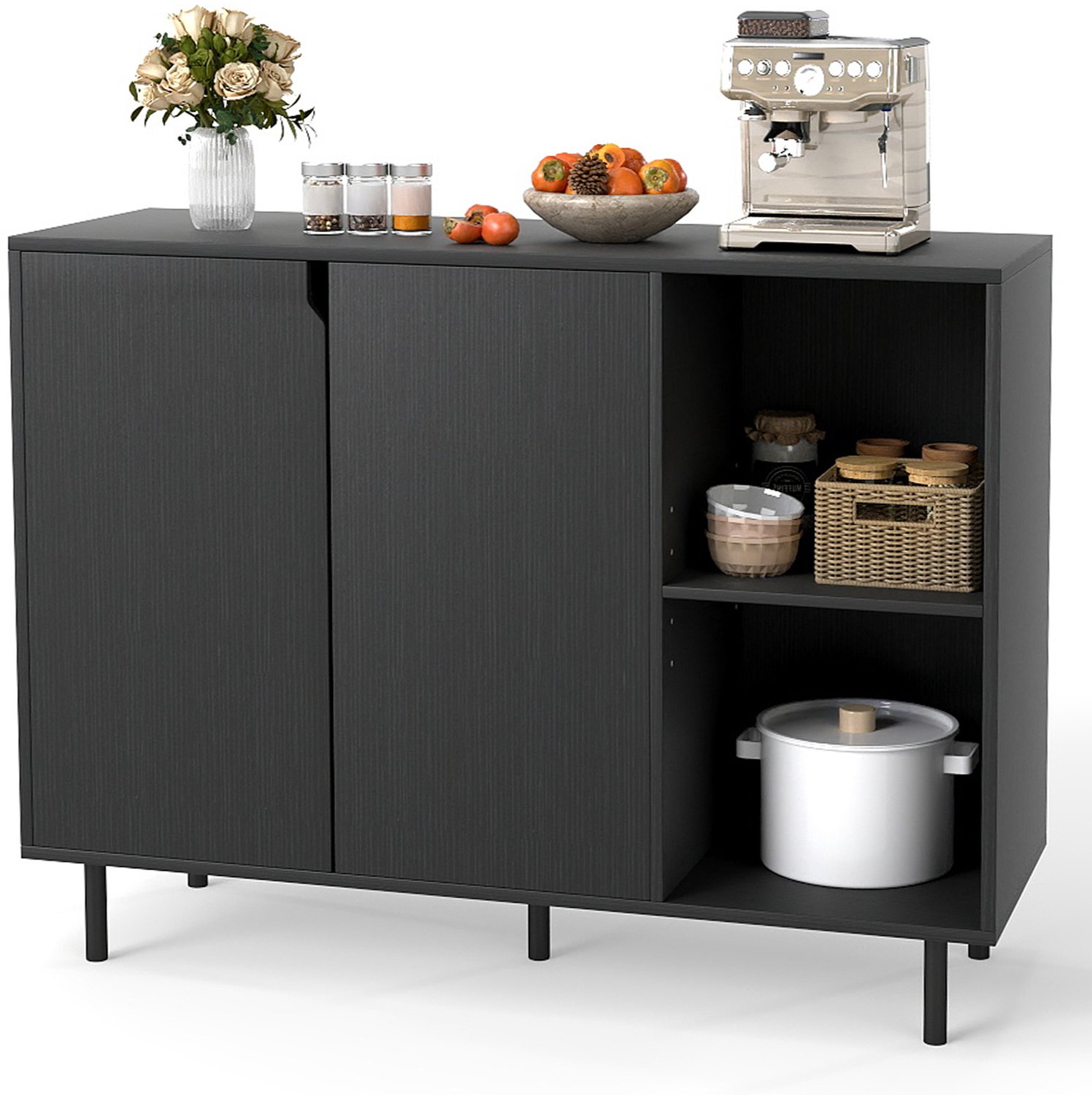 Costway Sideboard van hout, ladekast met 4 vakken & 2 deuren, zwart