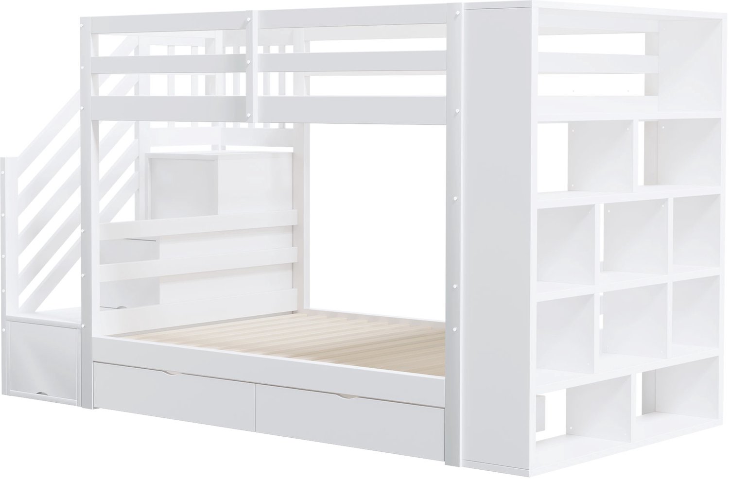 MUVANO Stapelbed - Kinderbed met opbergtrap, twee lades en opbergkast - Grenenhout - 90 x 200 cm - Met lattenbodem en hoge uitvalbeveiliging - Wit