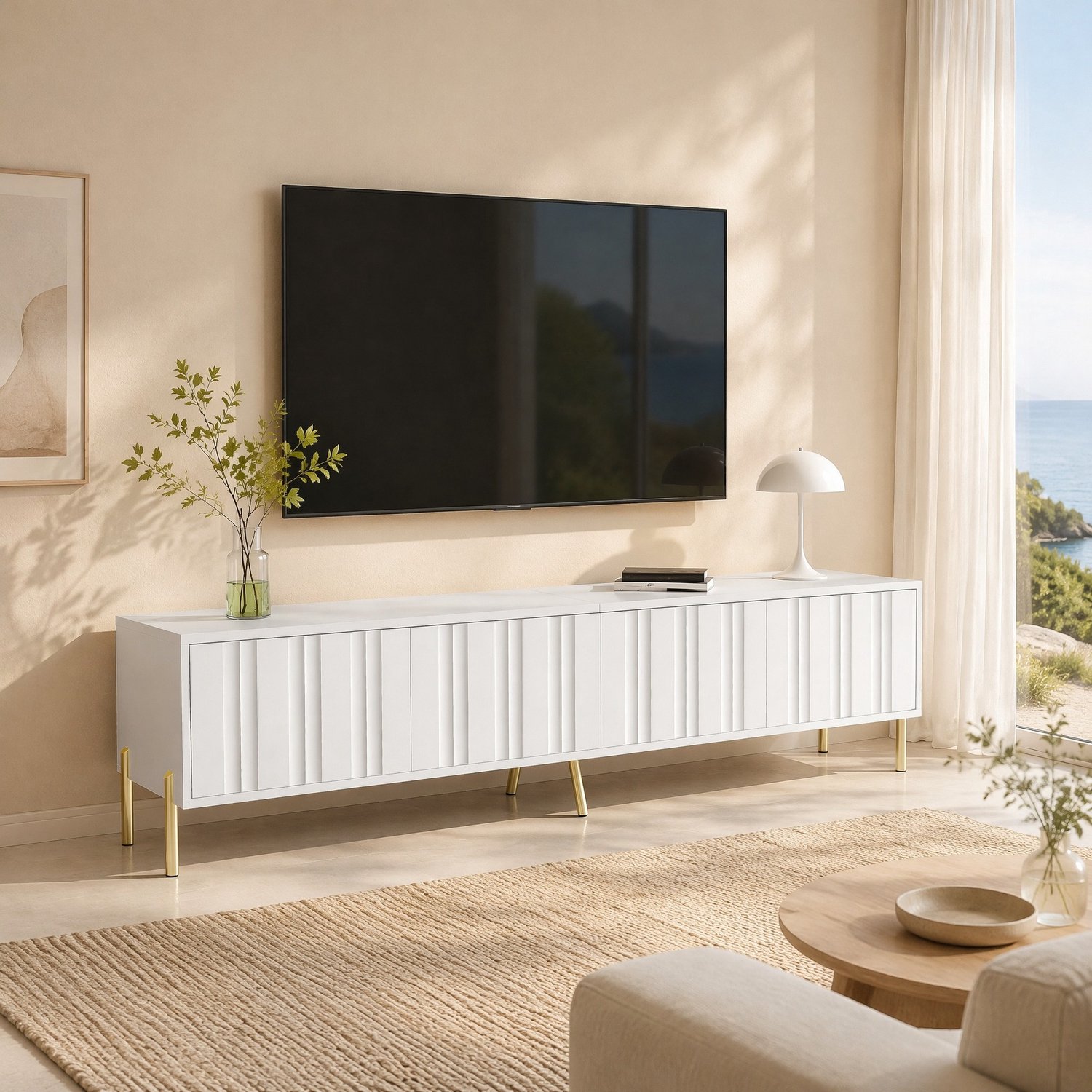 Maisentiel Wit tv-meubel 190 x 38 x 48 cm met 4 geribbelde deuren en gouden poten