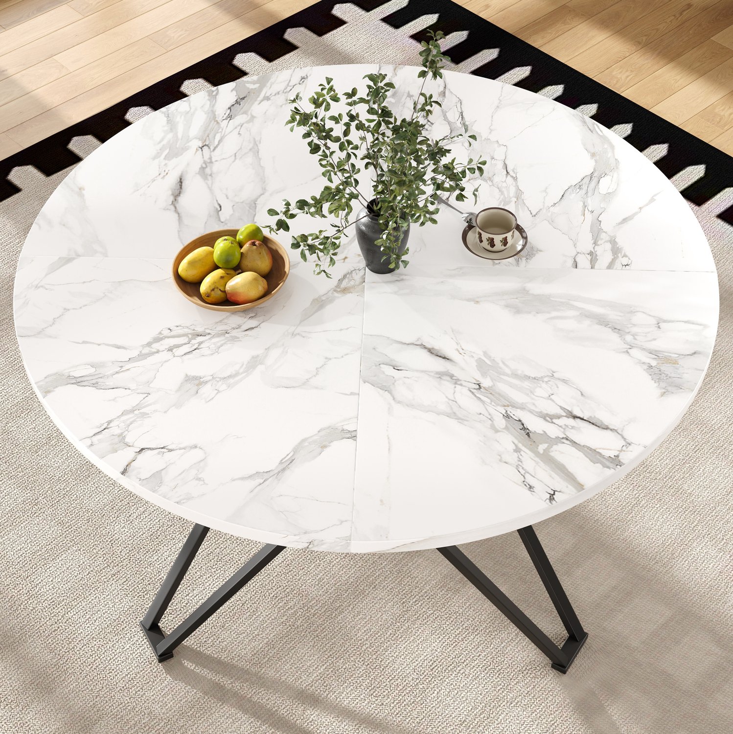 Maisentiel Ronde eettafel 100 x 100 x 76 cm – zwart MDF-blad met marmerlook en metalen onderstel