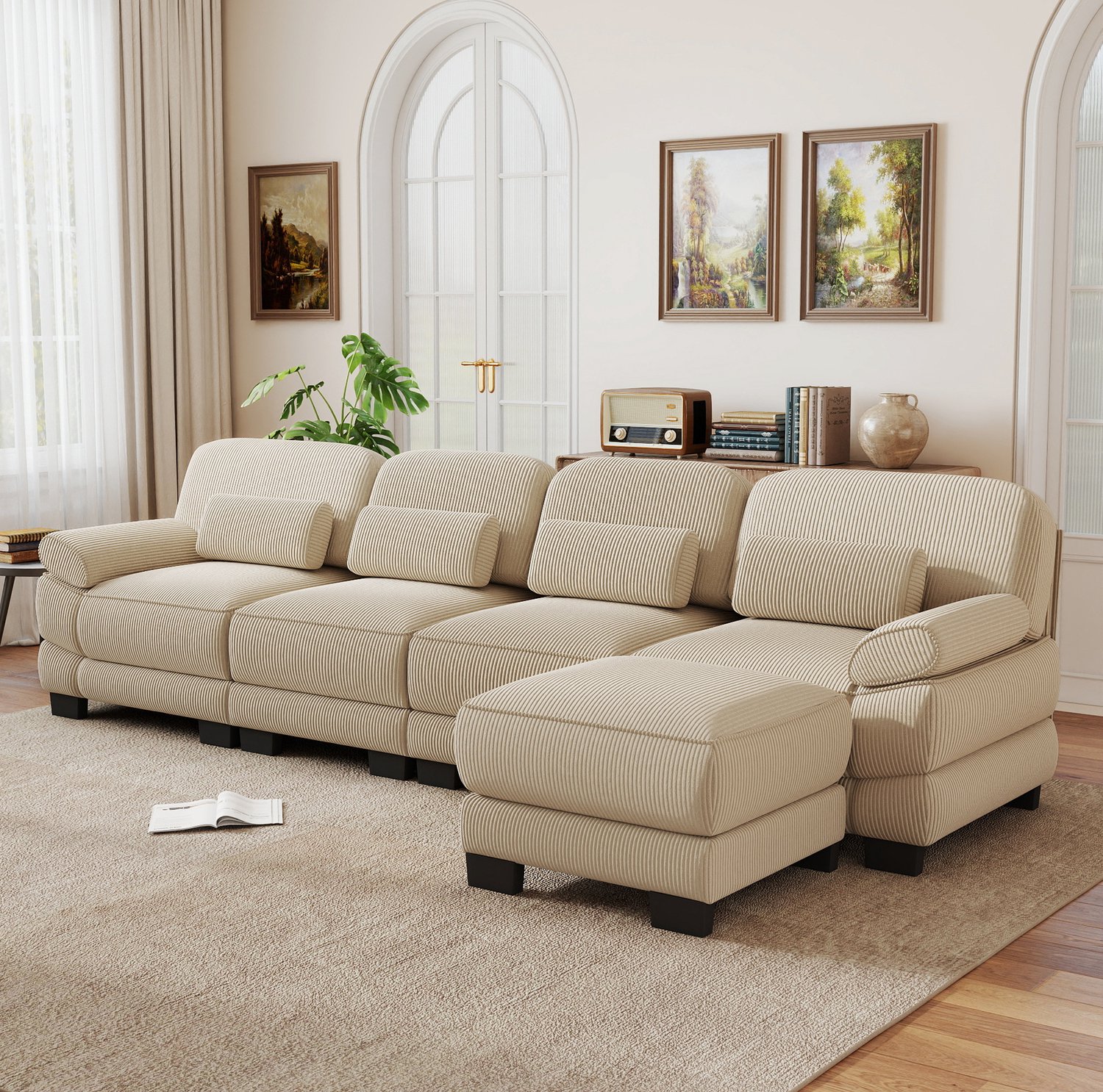 Wishdor Hoekbank voor vier personen - Modulair met diepe zit en hocker - Flexibele opstelling met verbindingsstukken - Ribfluweel en ondersteunende zitting - Woonkamer - Beige - 336 x 161 x 94 cm