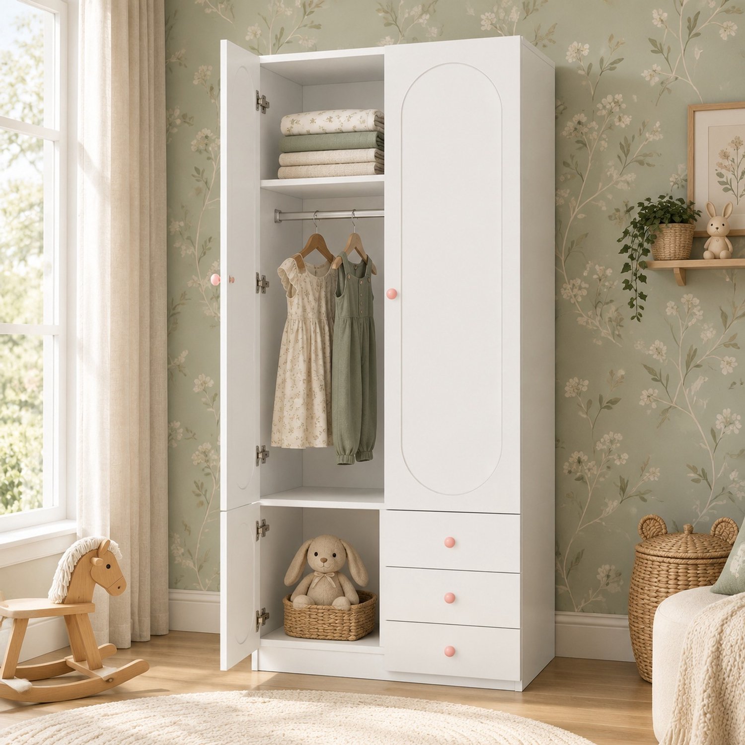HAUSS SPOLE Kinderkledingkast - Twee Deuren En Drie Laden - Met Kledingroede En Legplanken Voor Kinderkamer - MDF - Wit - 80x50x200 Cm