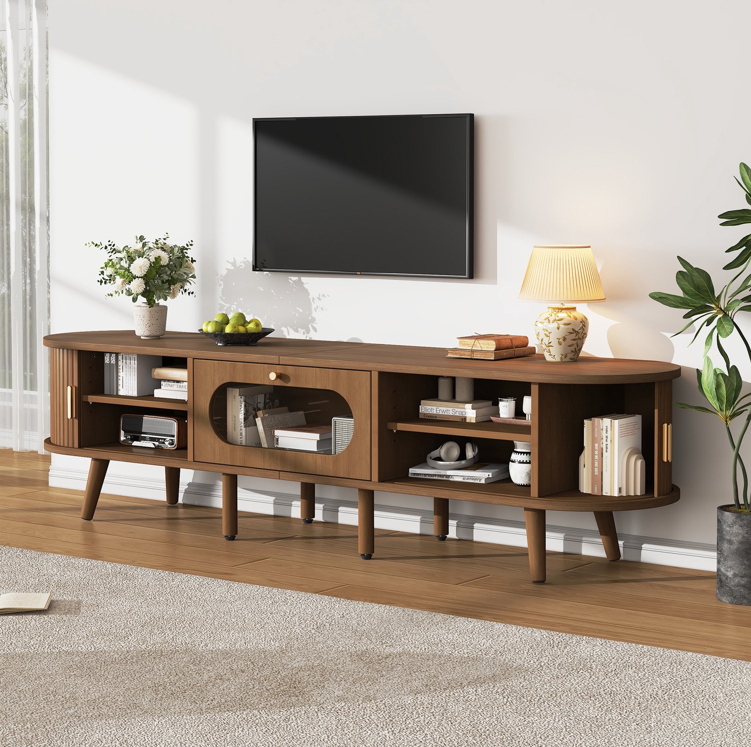 FloraGrace Tv-meubel - 2 Roldeuren En Lade Met Acrylfront - Voor Woonkamer En Tv Tot 70 Inch - MDF - Walnootkleur - 170 x 40 x 43 cm